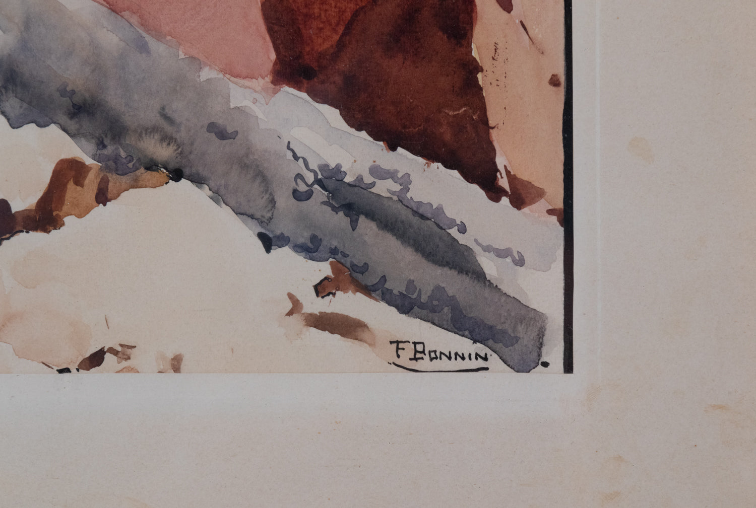 A watercolor painting of a rocky landscape with trees on a hillside.