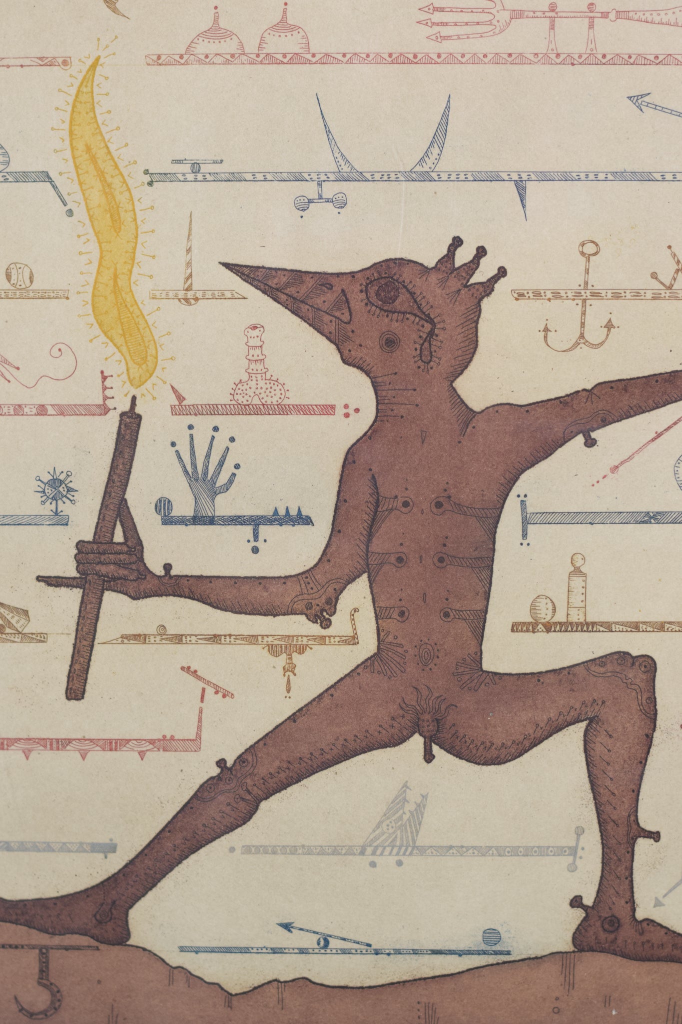 A drawing of a man holding a torch in his hand.