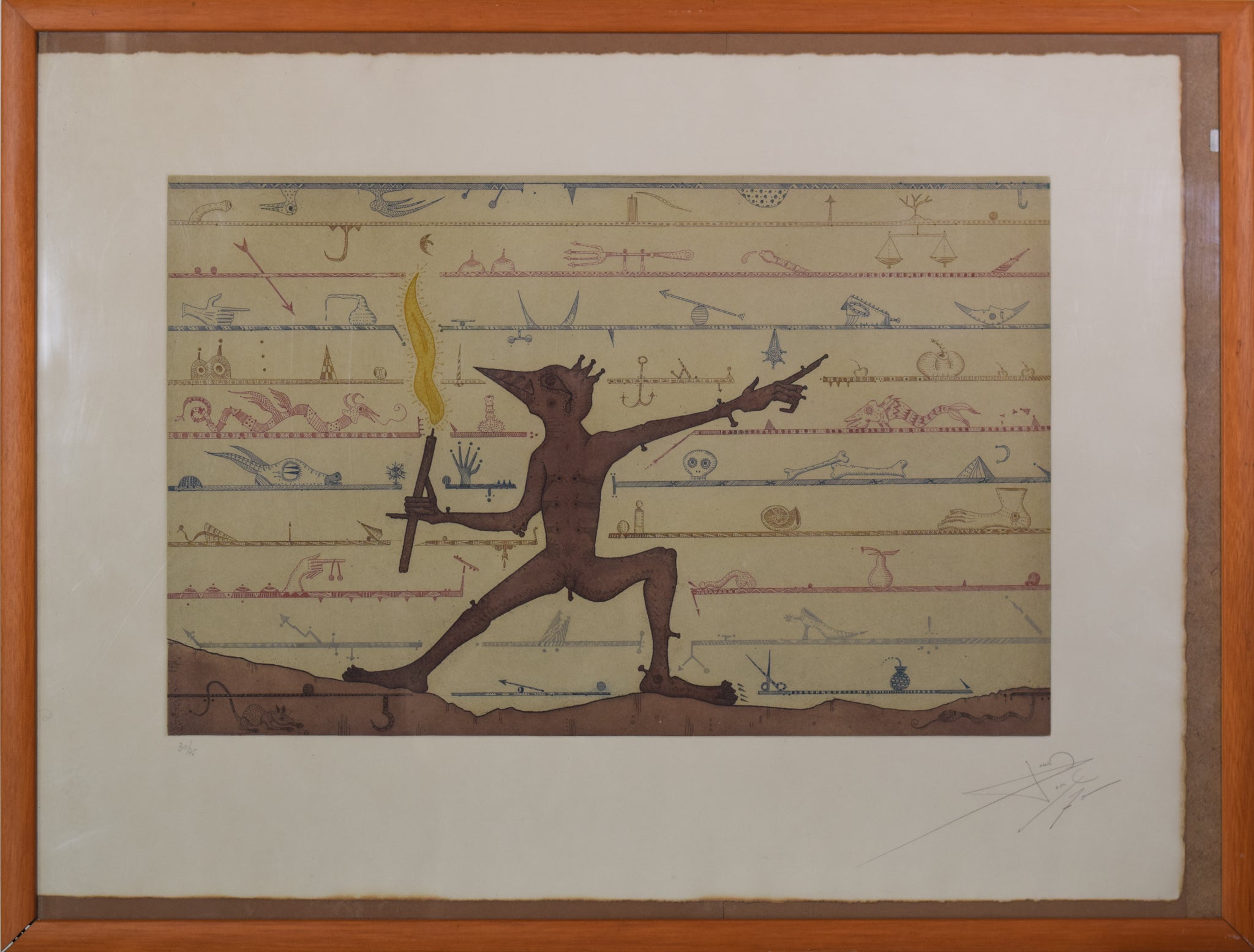 A drawing of a man holding a torch in his hand.