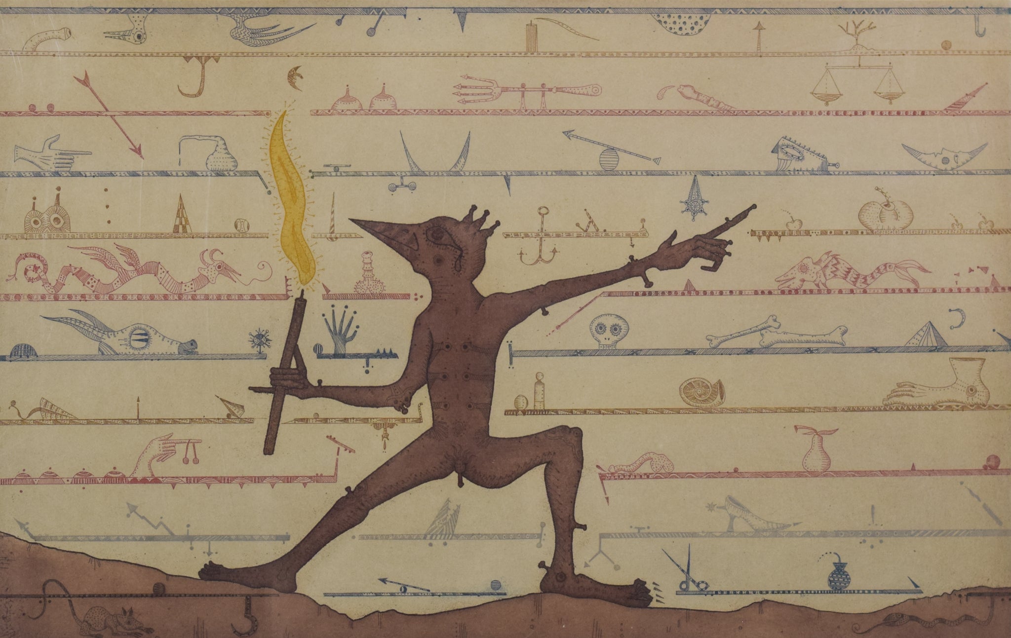 A drawing of a man holding a torch in his hand.