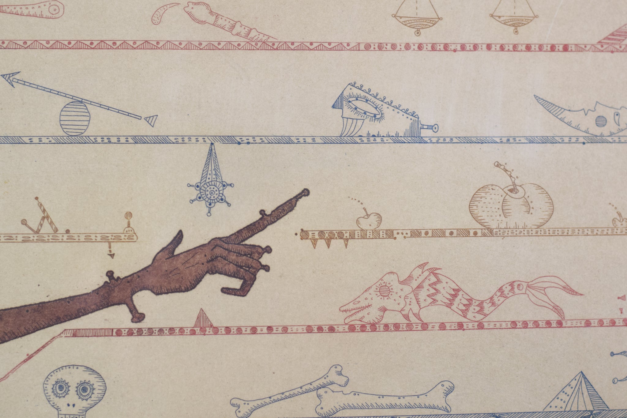 A drawing of a man holding a torch in his hand.