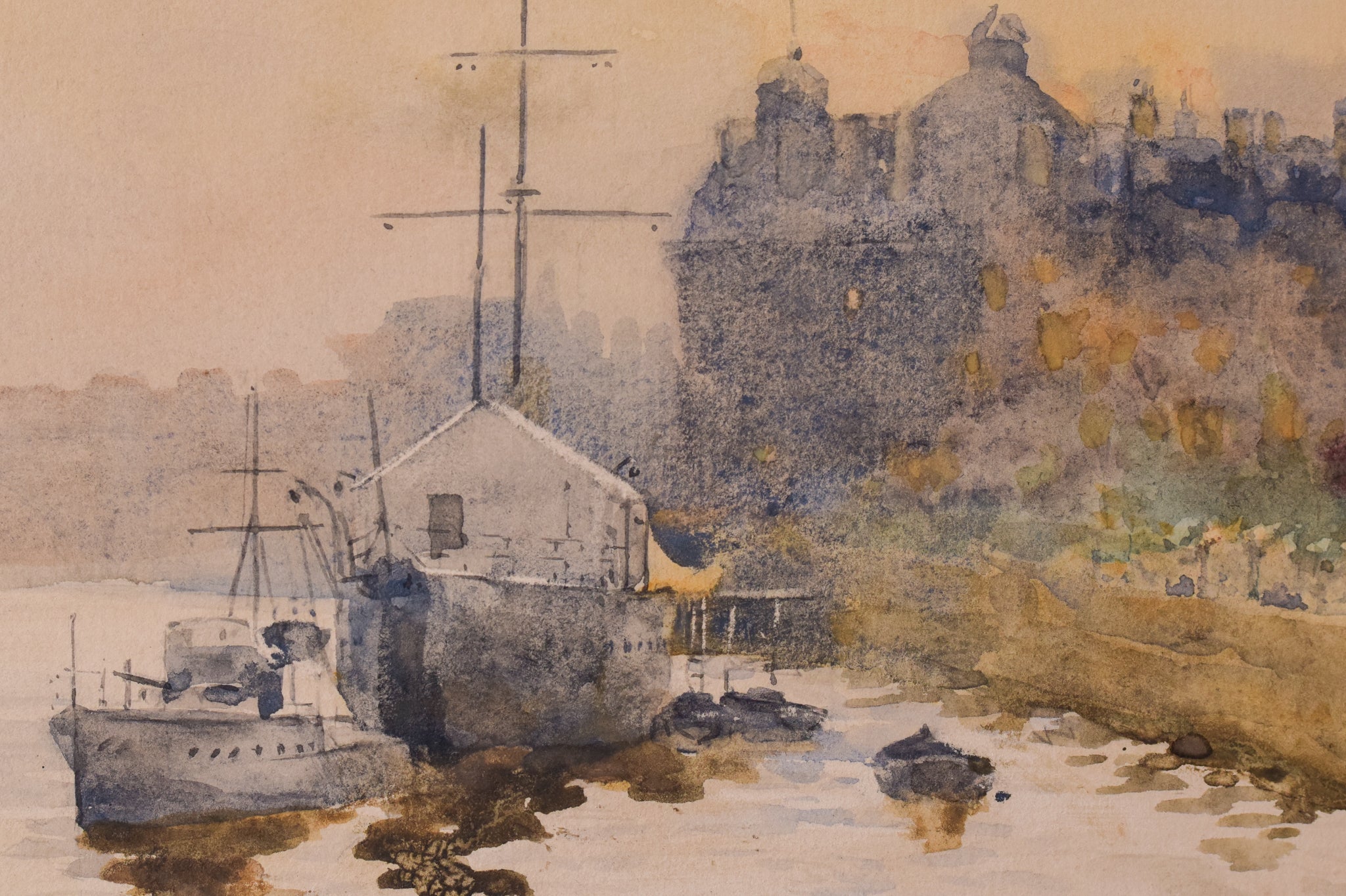 A watercolor painting of boats on a river with a castle in the background.