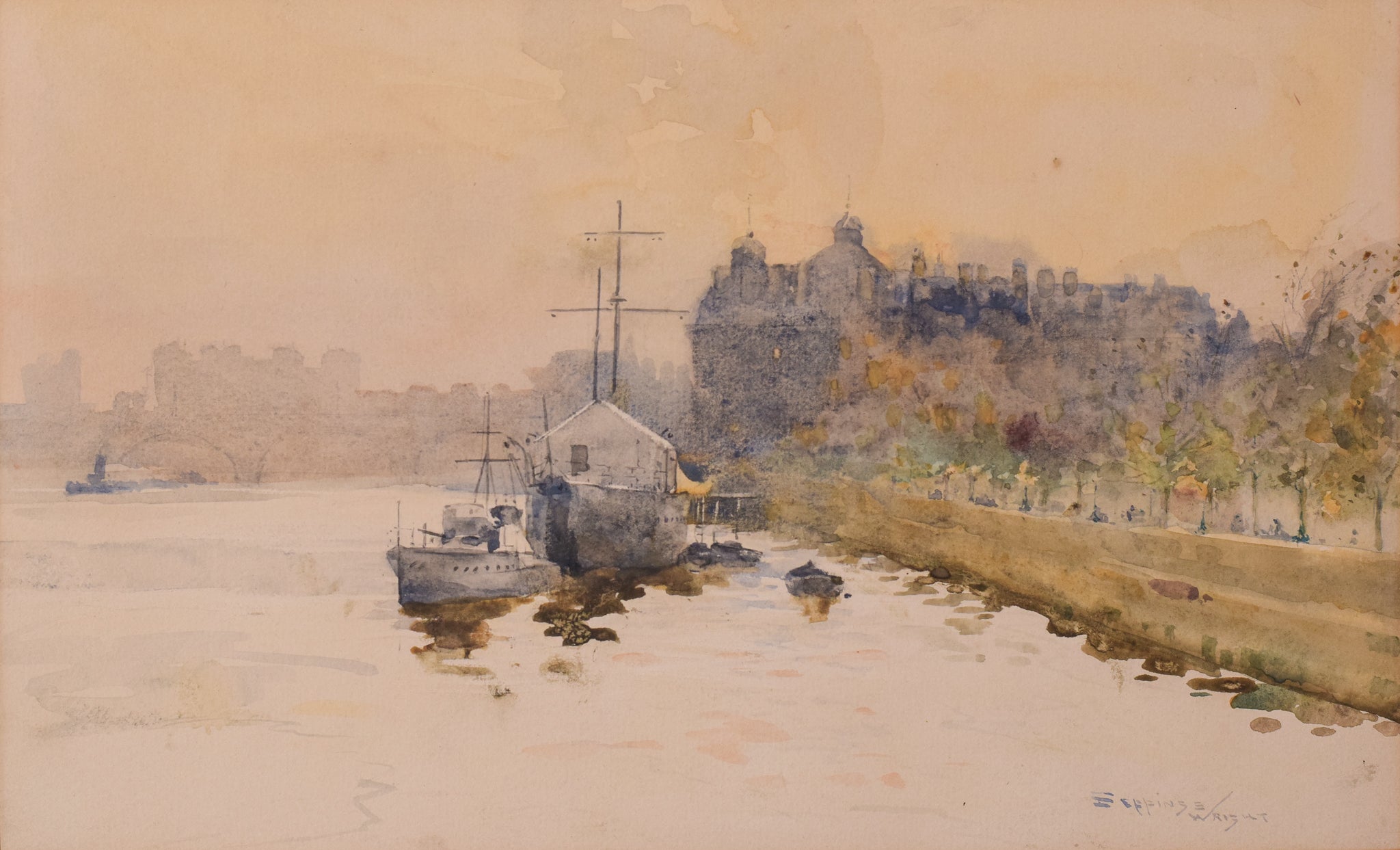 A watercolor painting of boats on a river with a castle in the background.
