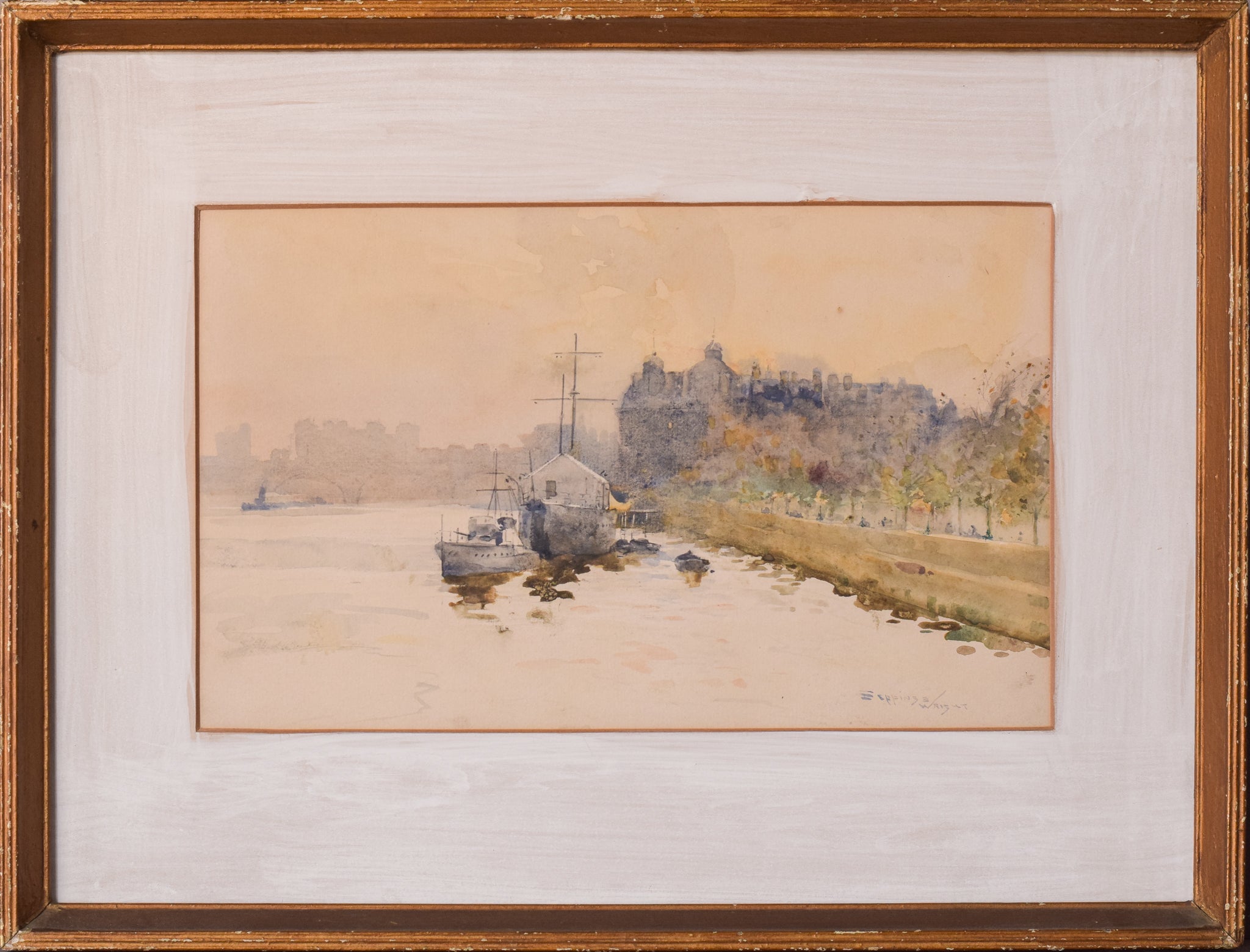 A watercolor painting of boats on a river with a castle in the background.