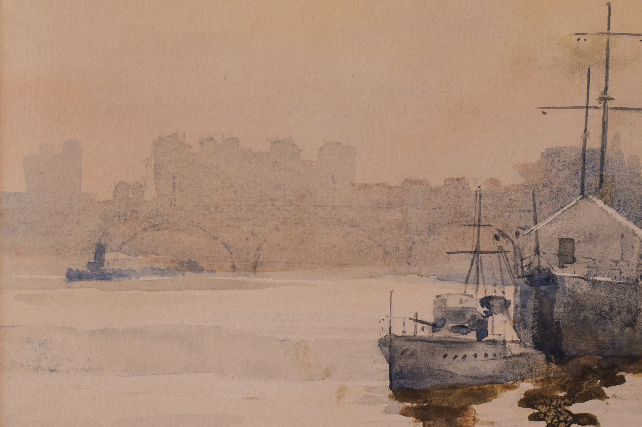 A watercolor painting of boats on a river with a castle in the background.