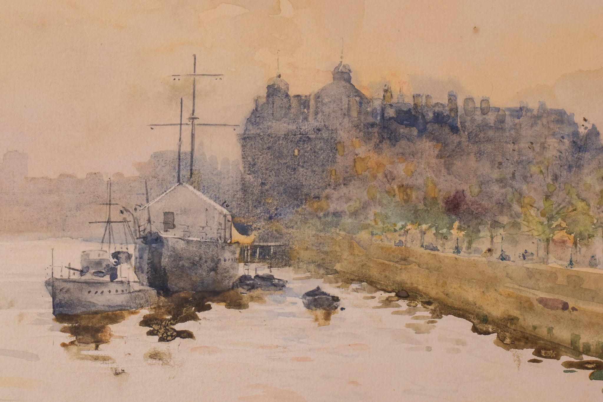 A watercolor painting of boats on a river with a castle in the background.