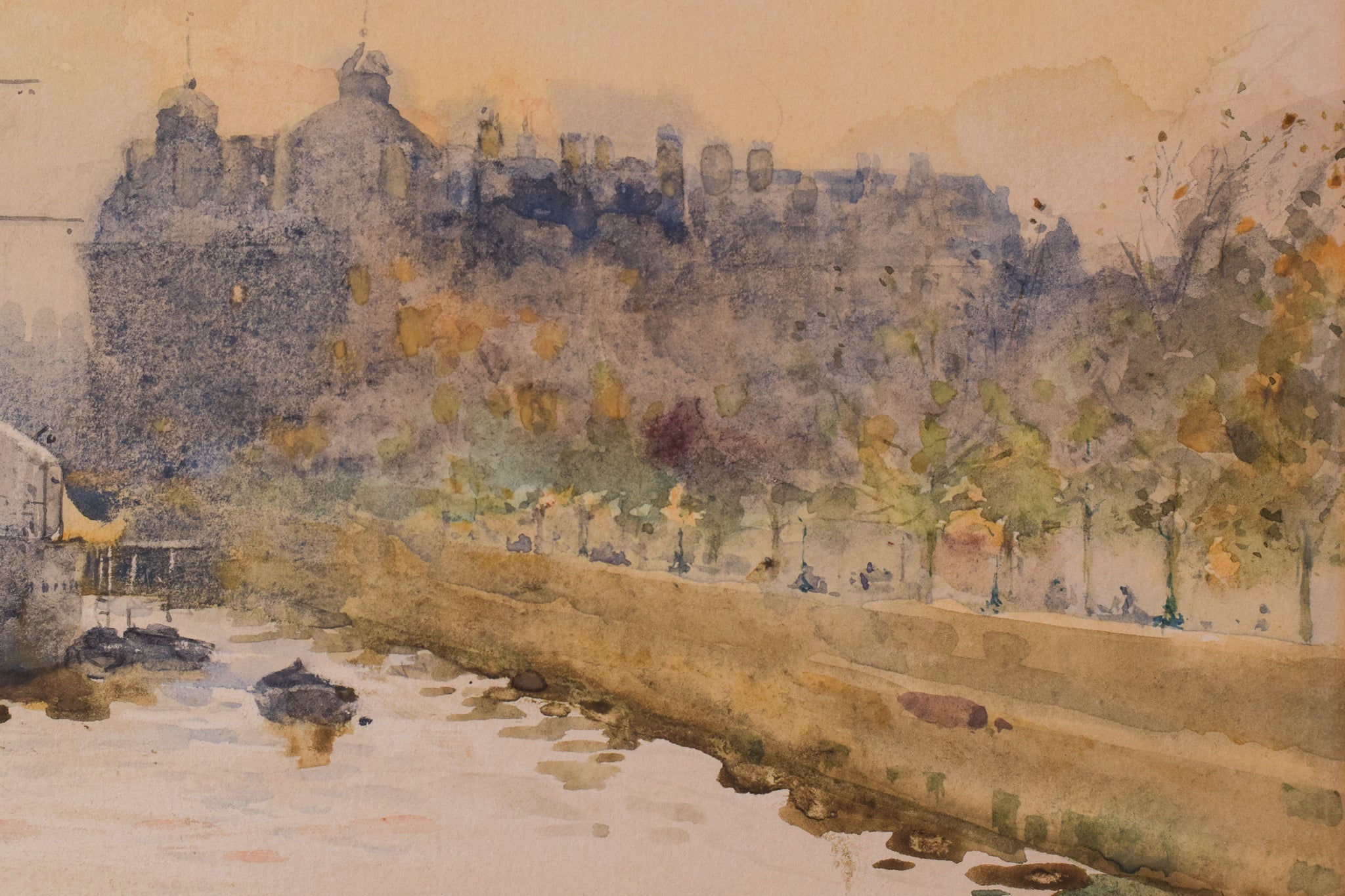 A watercolor painting of boats on a river with a castle in the background.