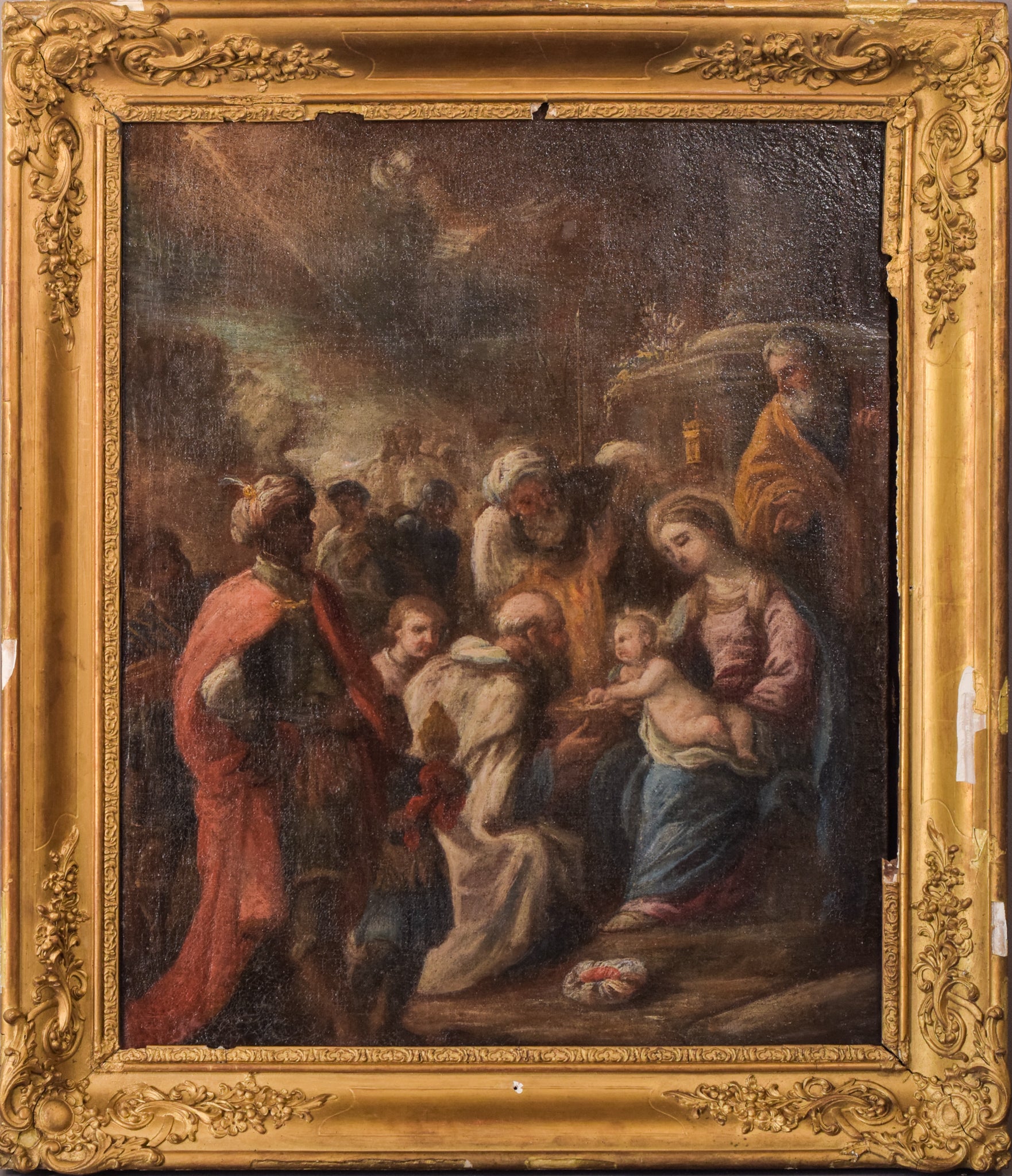 A painting of a nativity scene with the birth of Jesus.