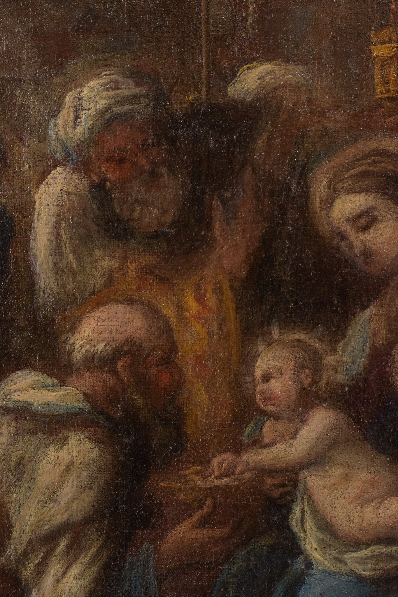 A painting of a nativity scene with the birth of Jesus.