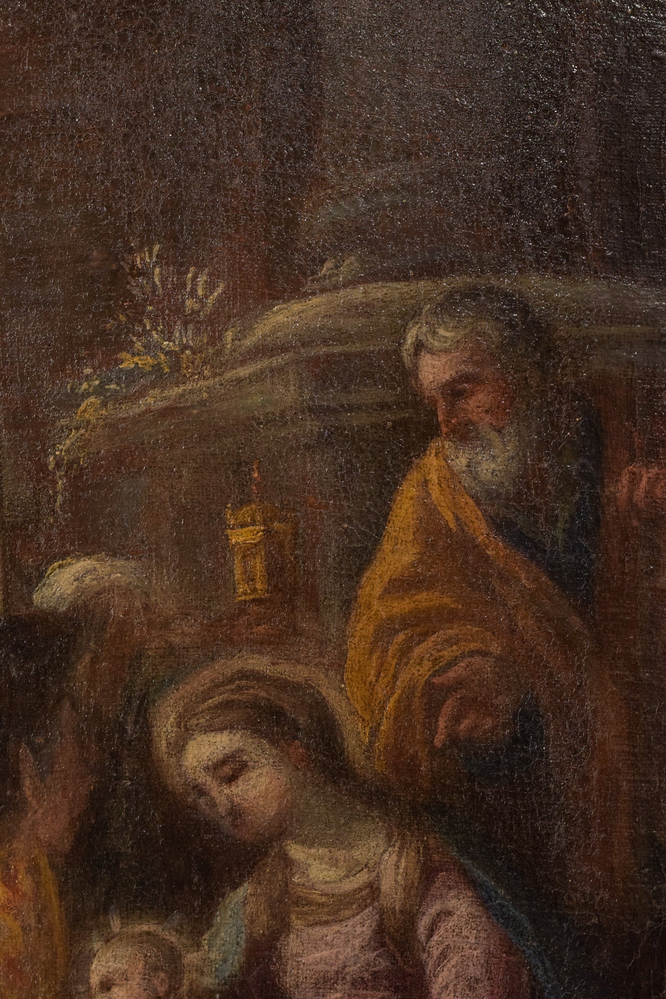 A painting of a nativity scene with the birth of Jesus.