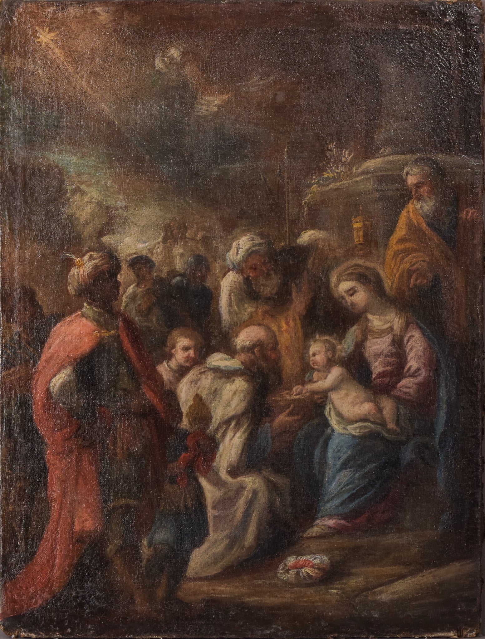 A painting of a nativity scene with the birth of Jesus.