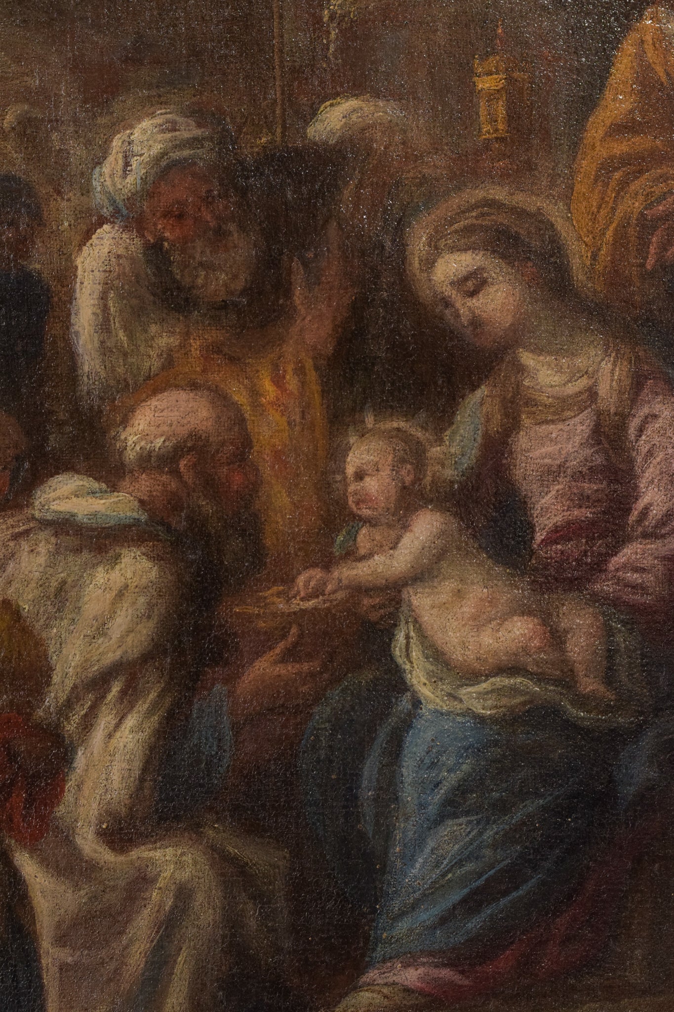 A painting of a nativity scene with the birth of Jesus.