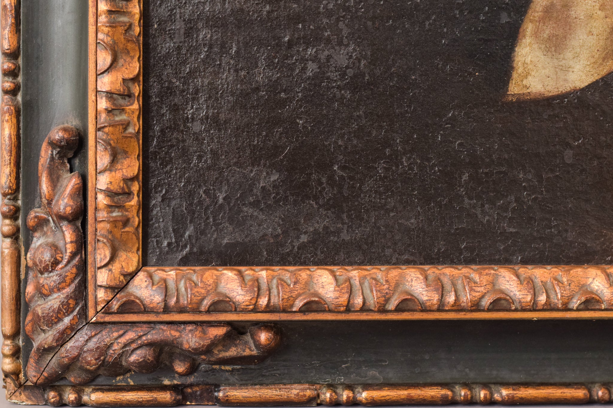 A painting of a woman holding a scythe and a dragon.