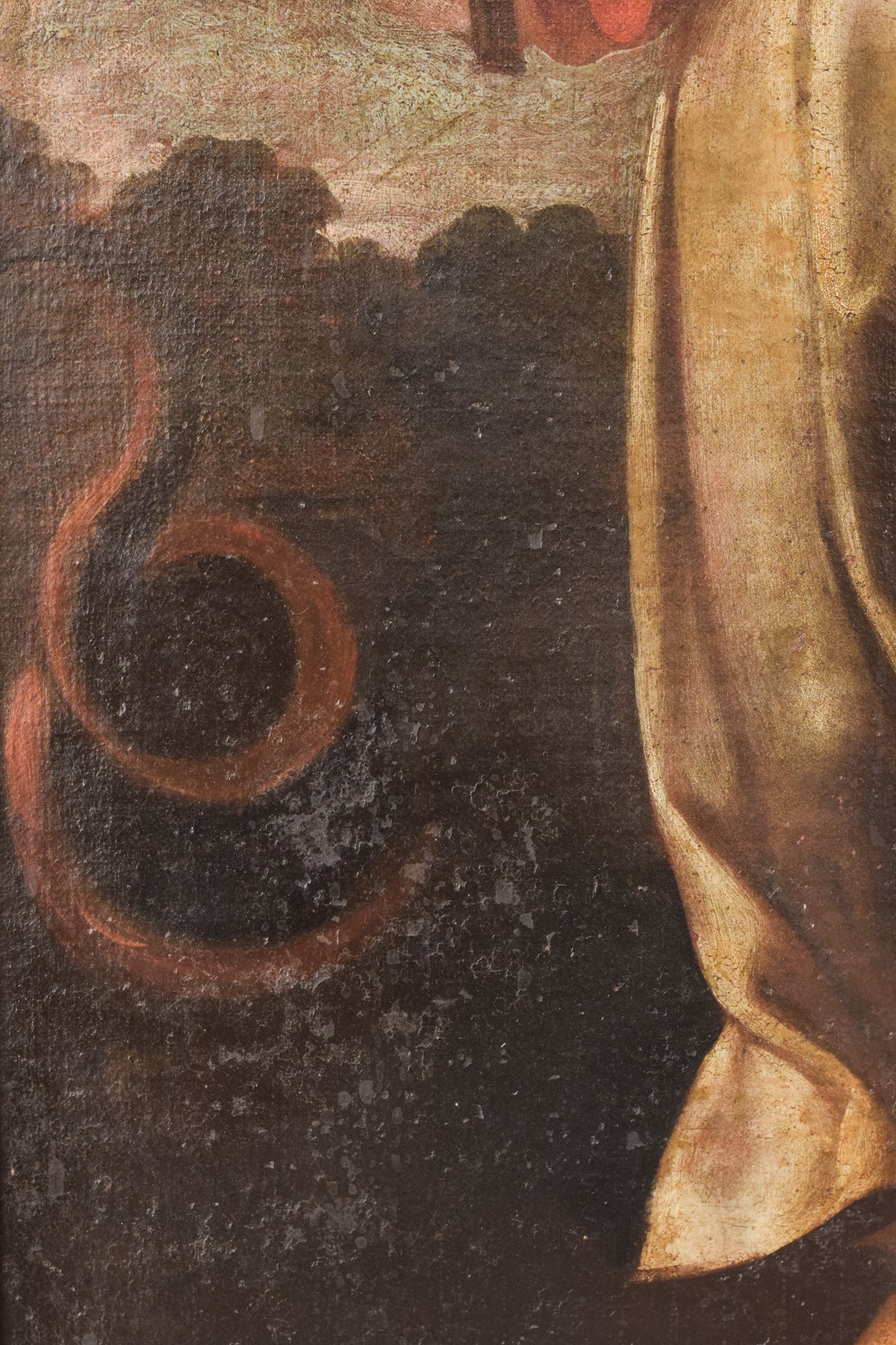 A painting of a woman holding a scythe and a dragon.