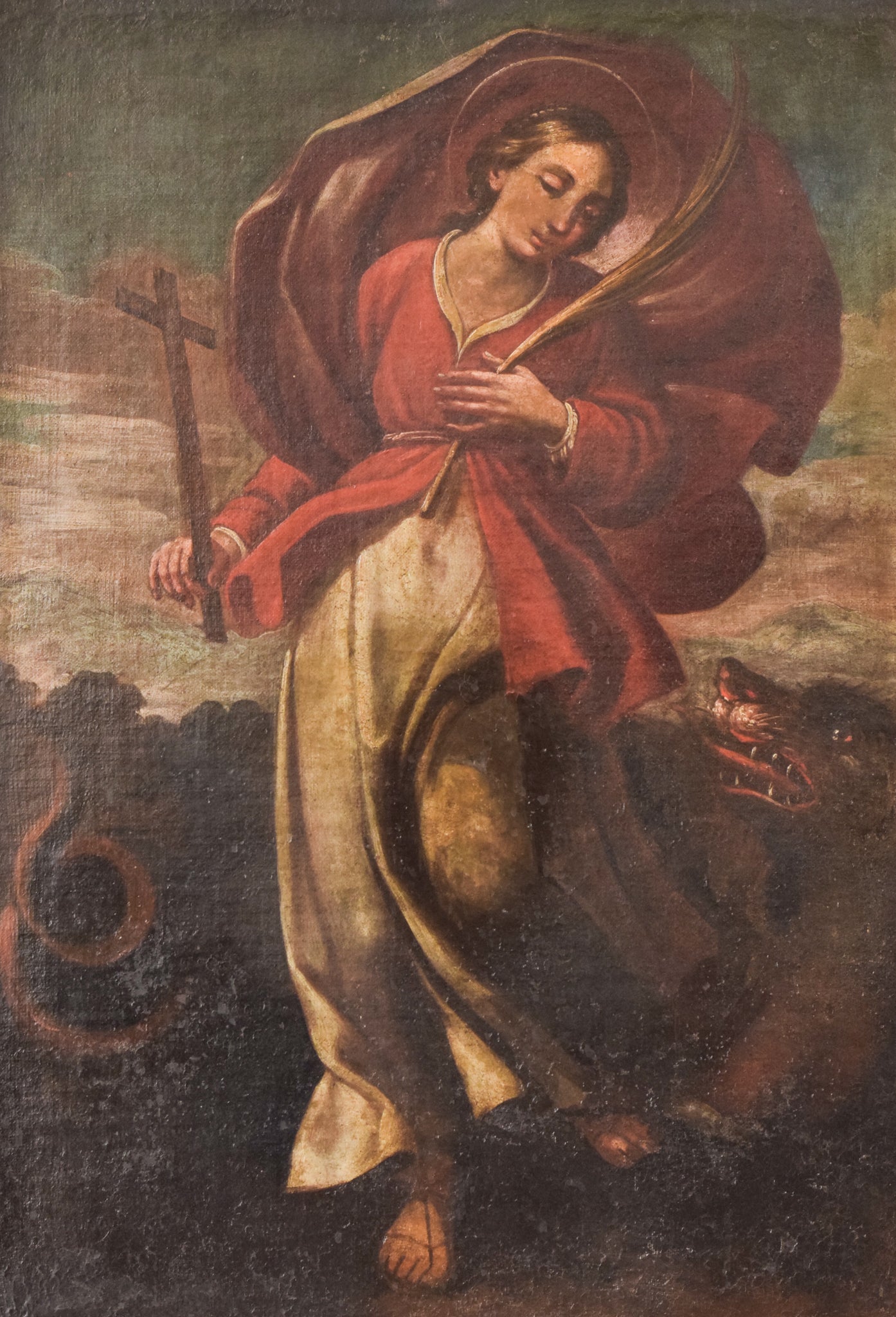 A painting of a woman holding a scythe and a dragon.