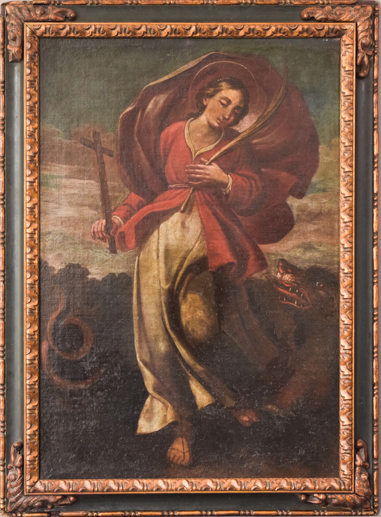 A painting of a woman holding a scythe and a dragon.