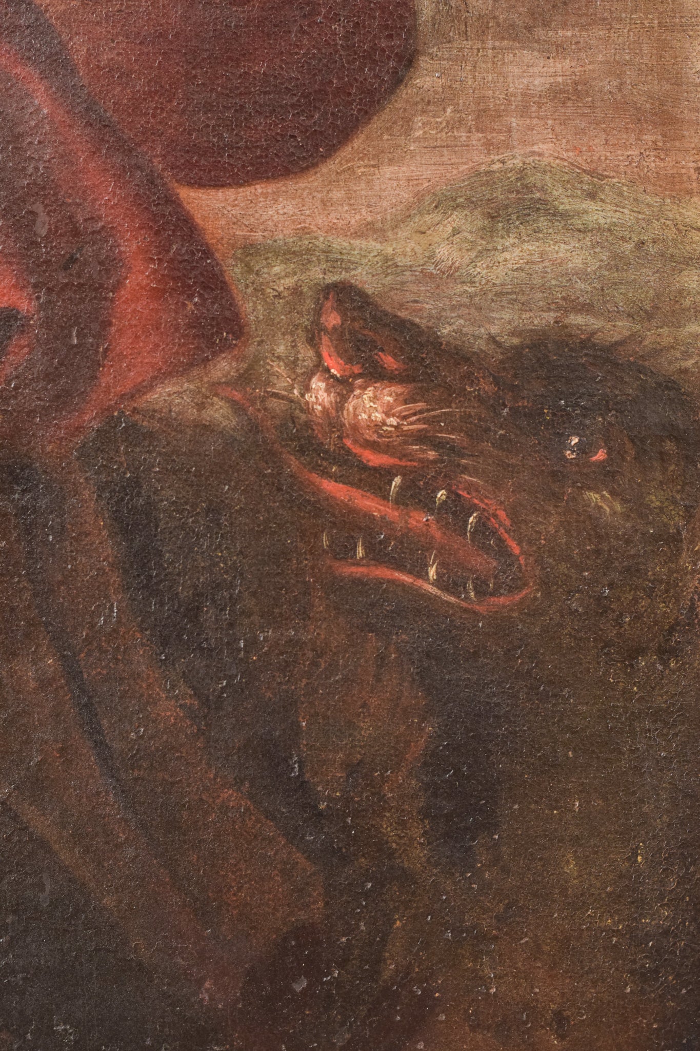 A painting of a woman holding a scythe and a dragon.