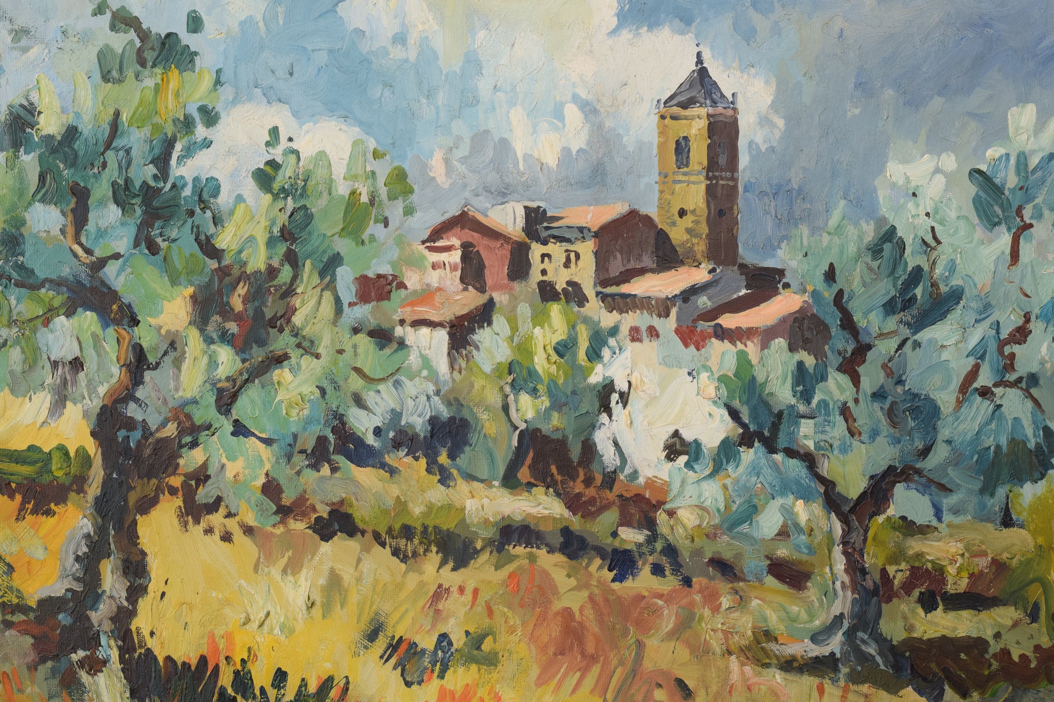 Artwork by Unknown, Olive Trees and Village Church, Made of Oil on canvas 