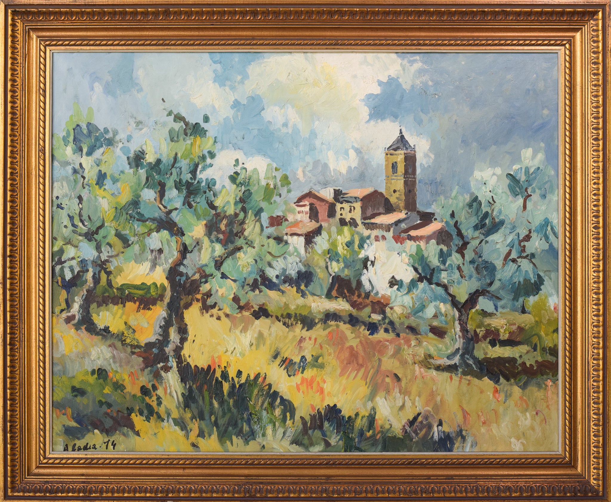Artwork by Unknown, Olive Trees and Village Church, Made of Oil on canvas 