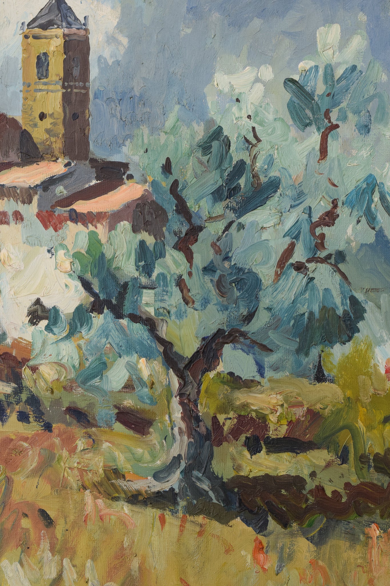 Artwork by Unknown, Olive Trees and Village Church, Made of Oil on canvas 