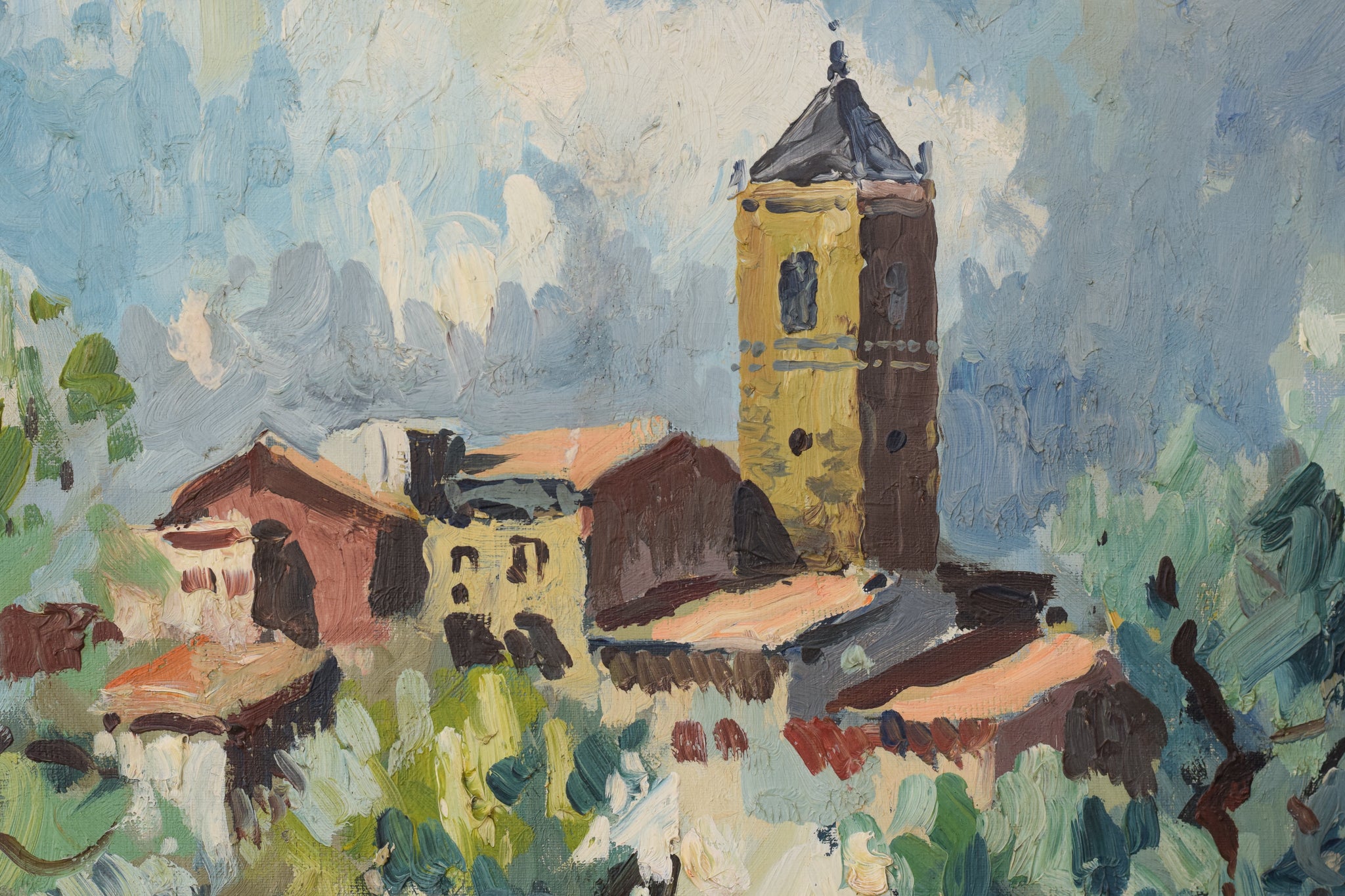 Artwork by Unknown, Olive Trees and Village Church, Made of Oil on canvas 