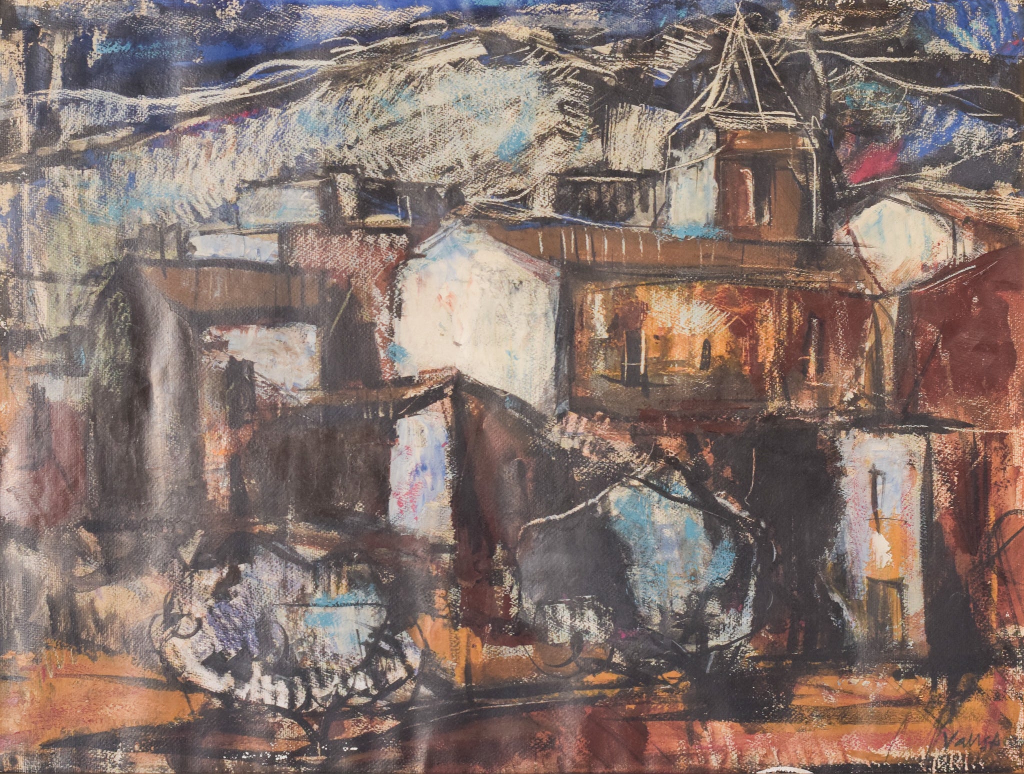 Painting of a Town in Mixed Media by Unknown, circa 20th Century