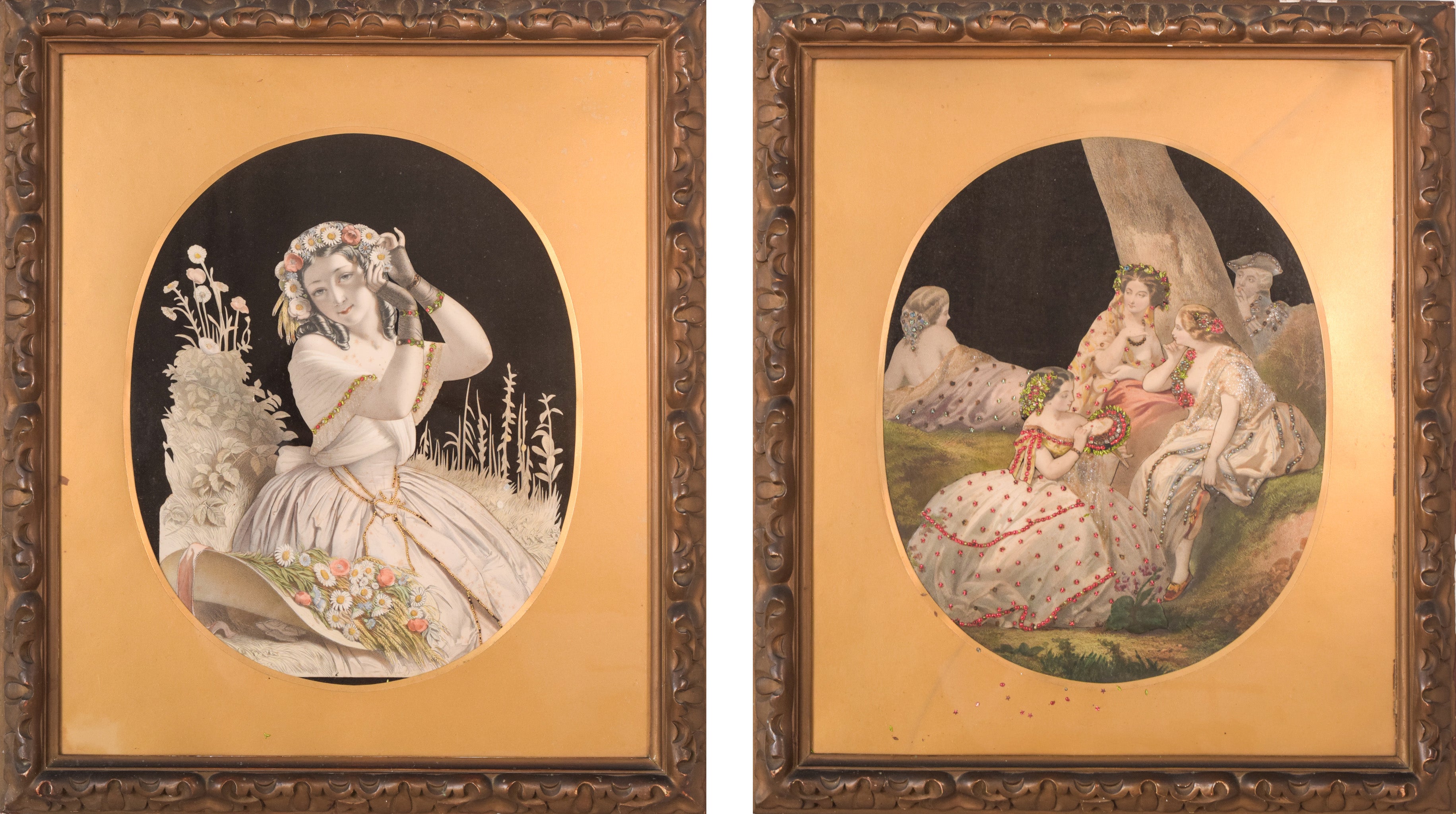 A pair of framed pictures of a woman in a white dress.