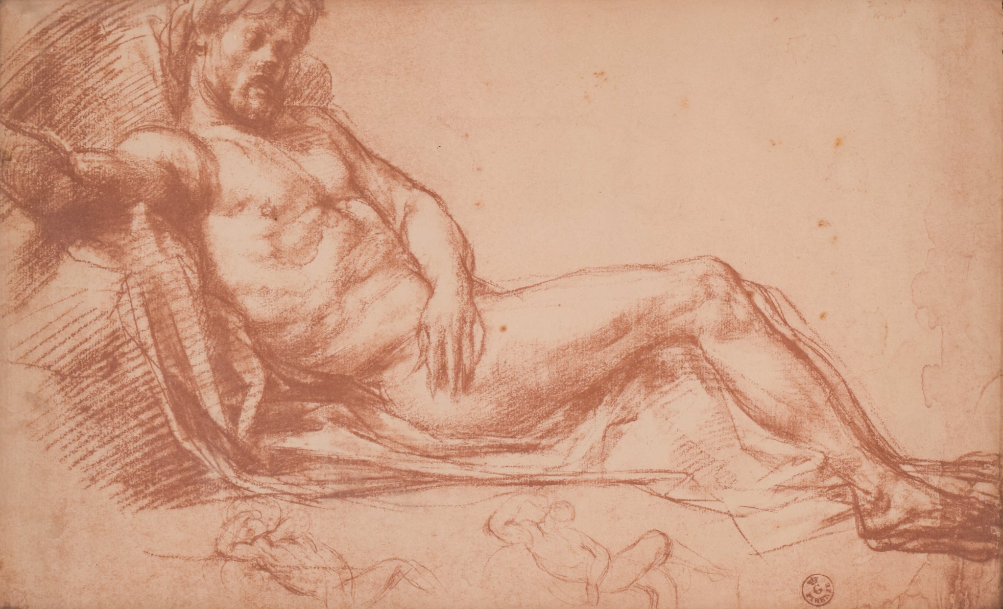 A drawing of a man laying down on a bed.