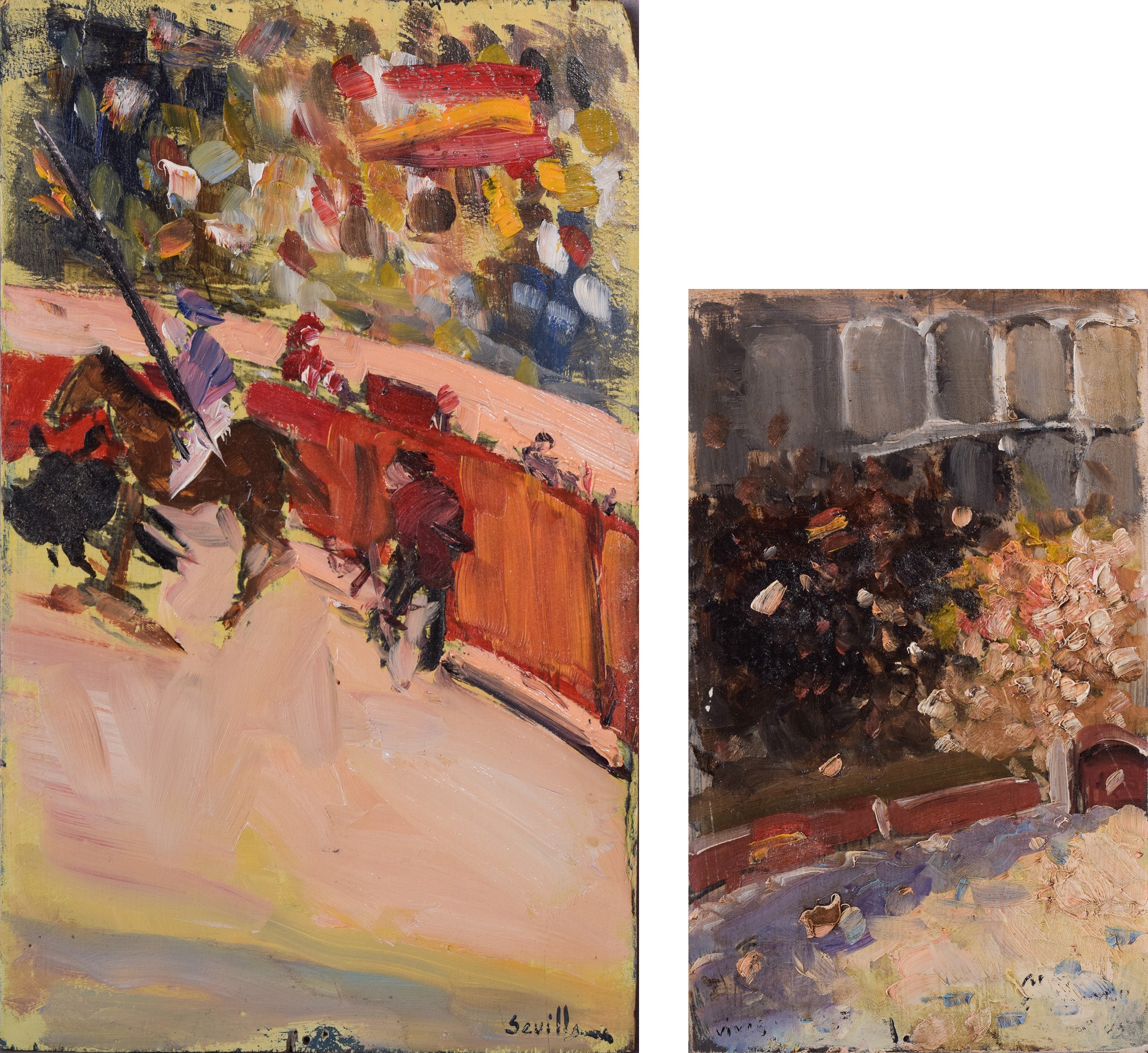 Two paintings of a bullfight and a painting of a man riding a horse.