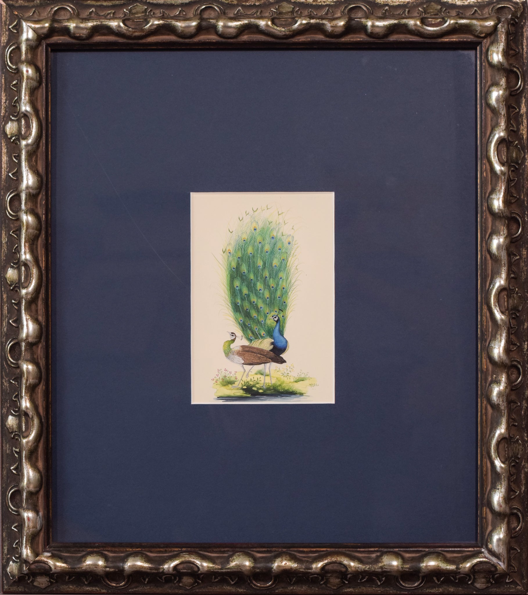 Two paintings of peacocks are shown side by side on a white background.