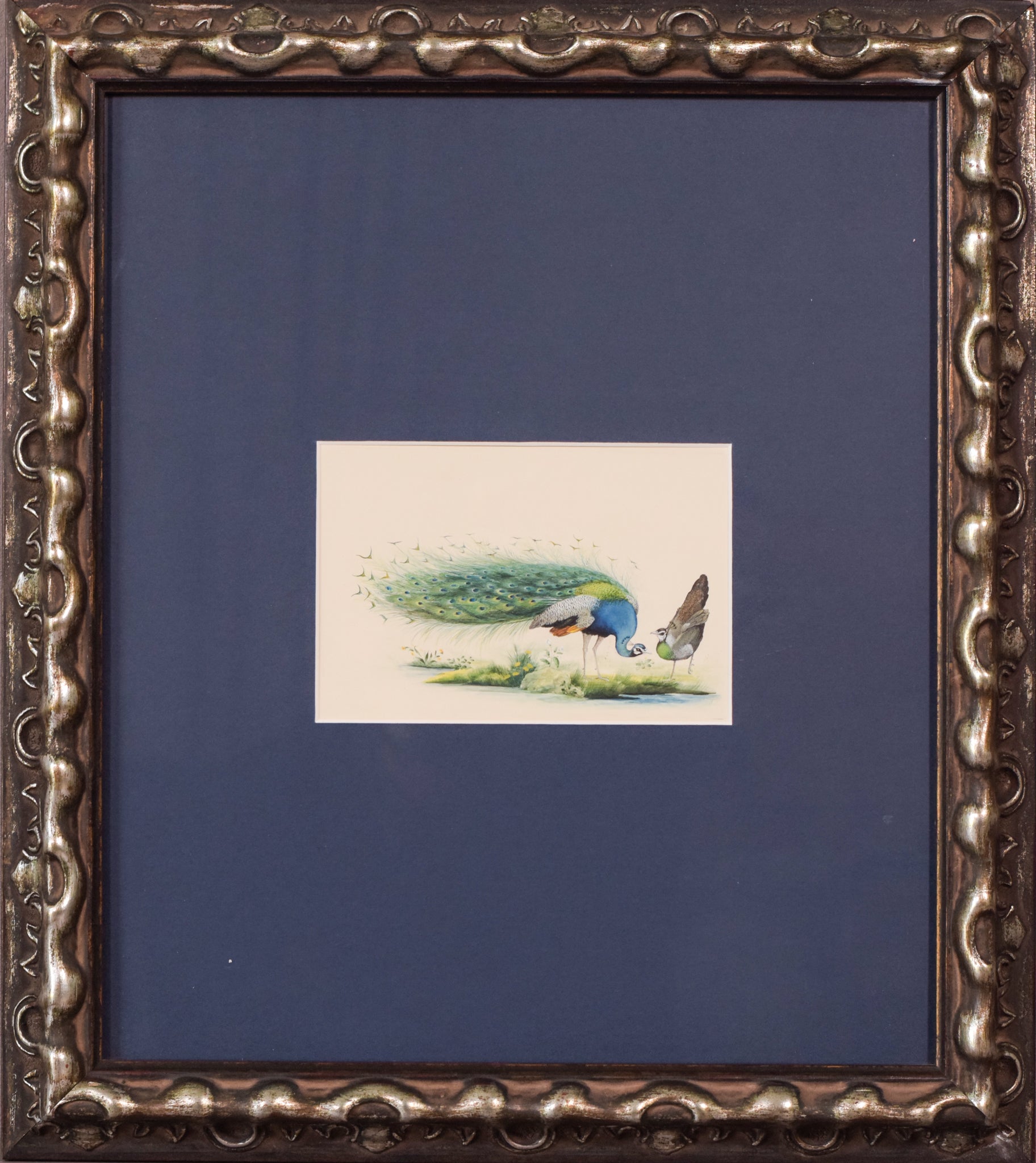 Two paintings of peacocks are shown side by side on a white background.