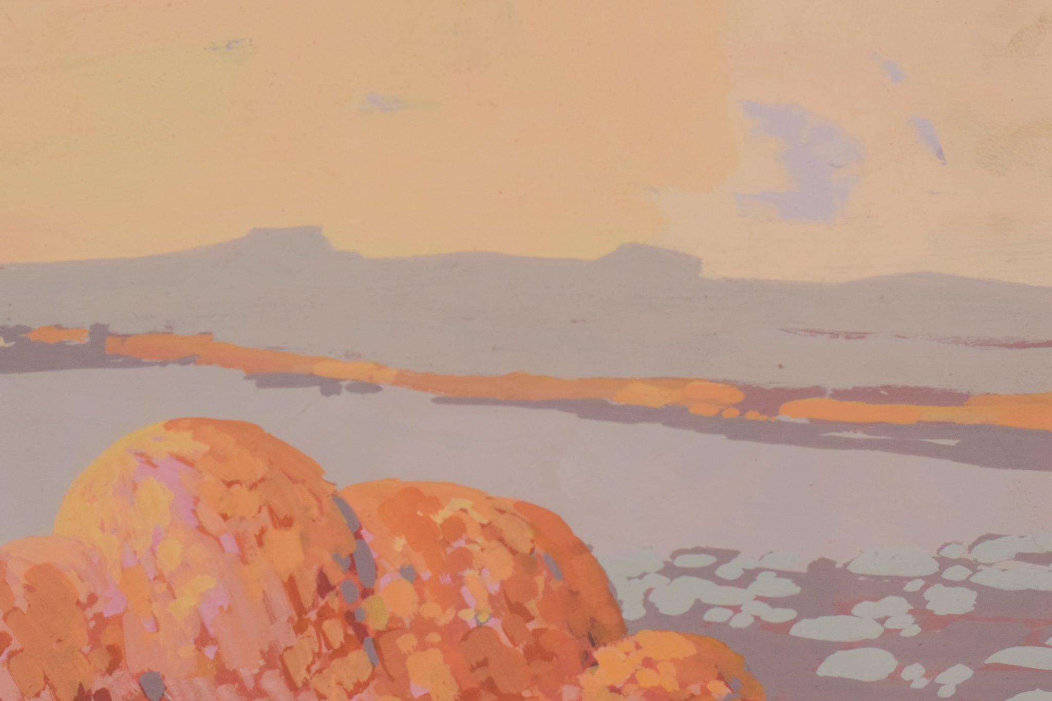 Two paintings of a landscape with a large rock in the middle of it.