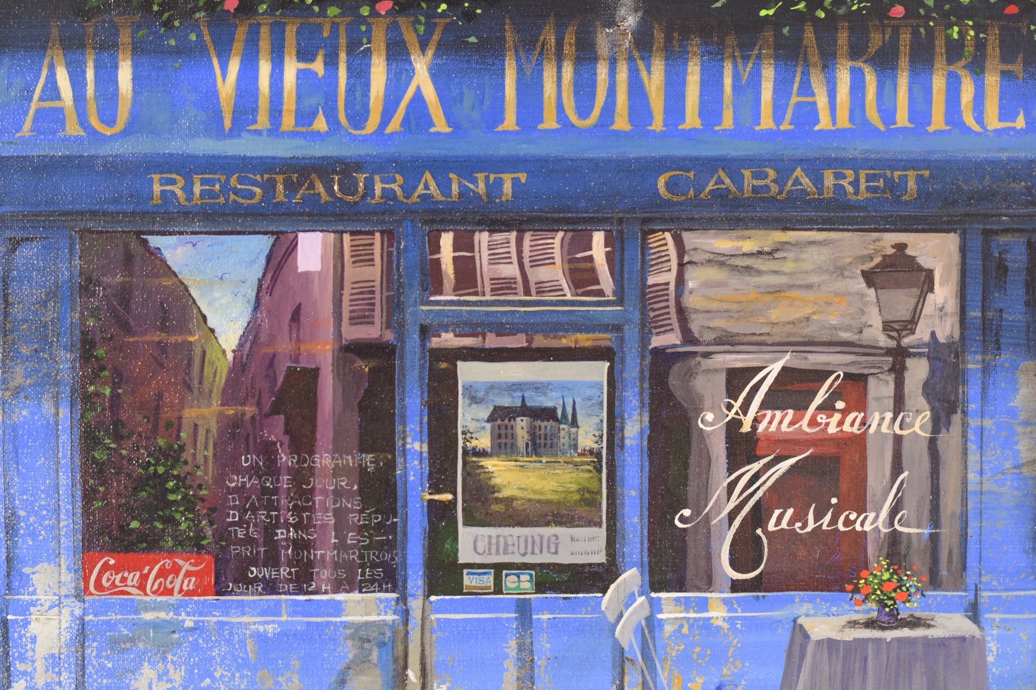 A painting of a restaurant with a table and chairs.