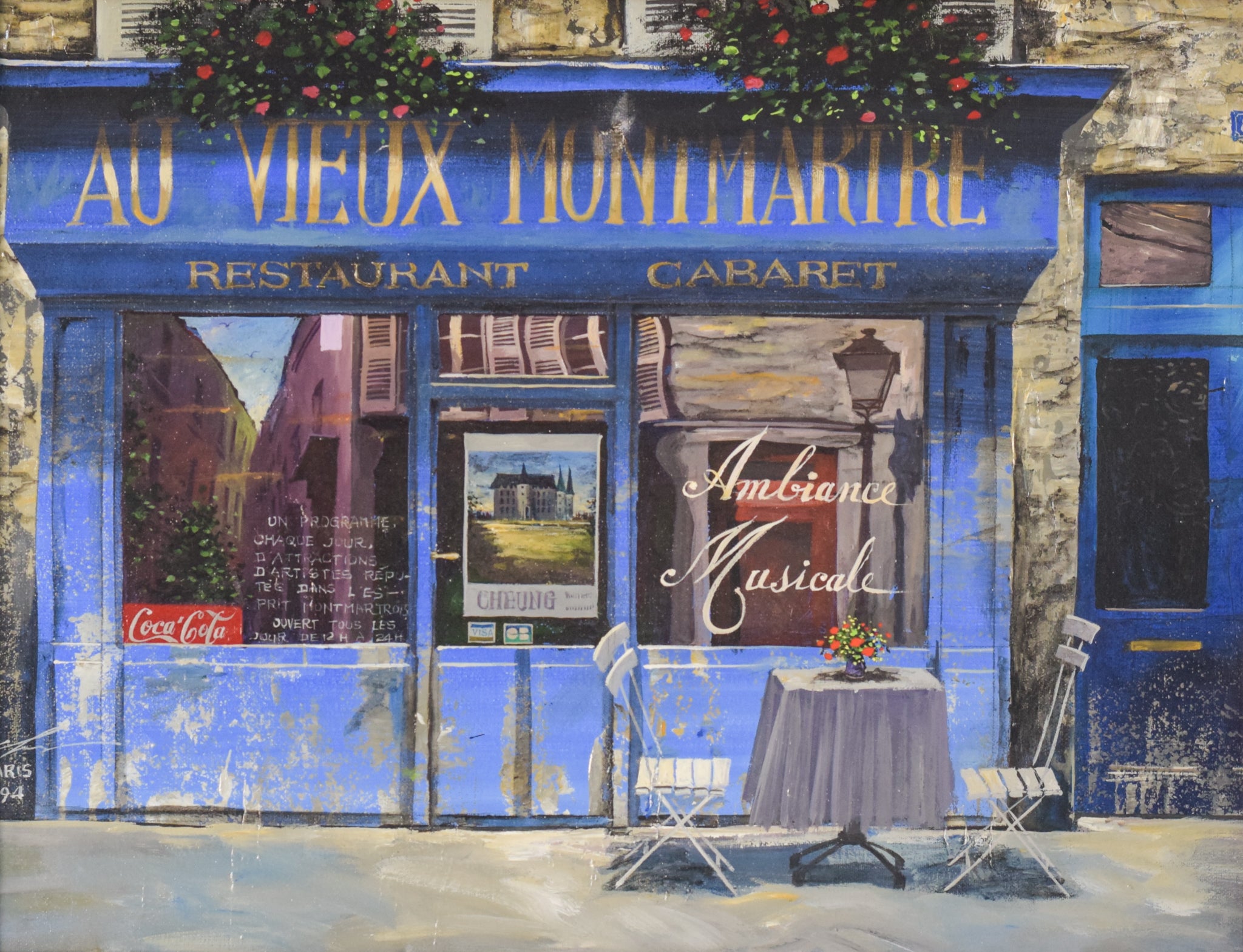 A painting of a restaurant with a table and chairs.
