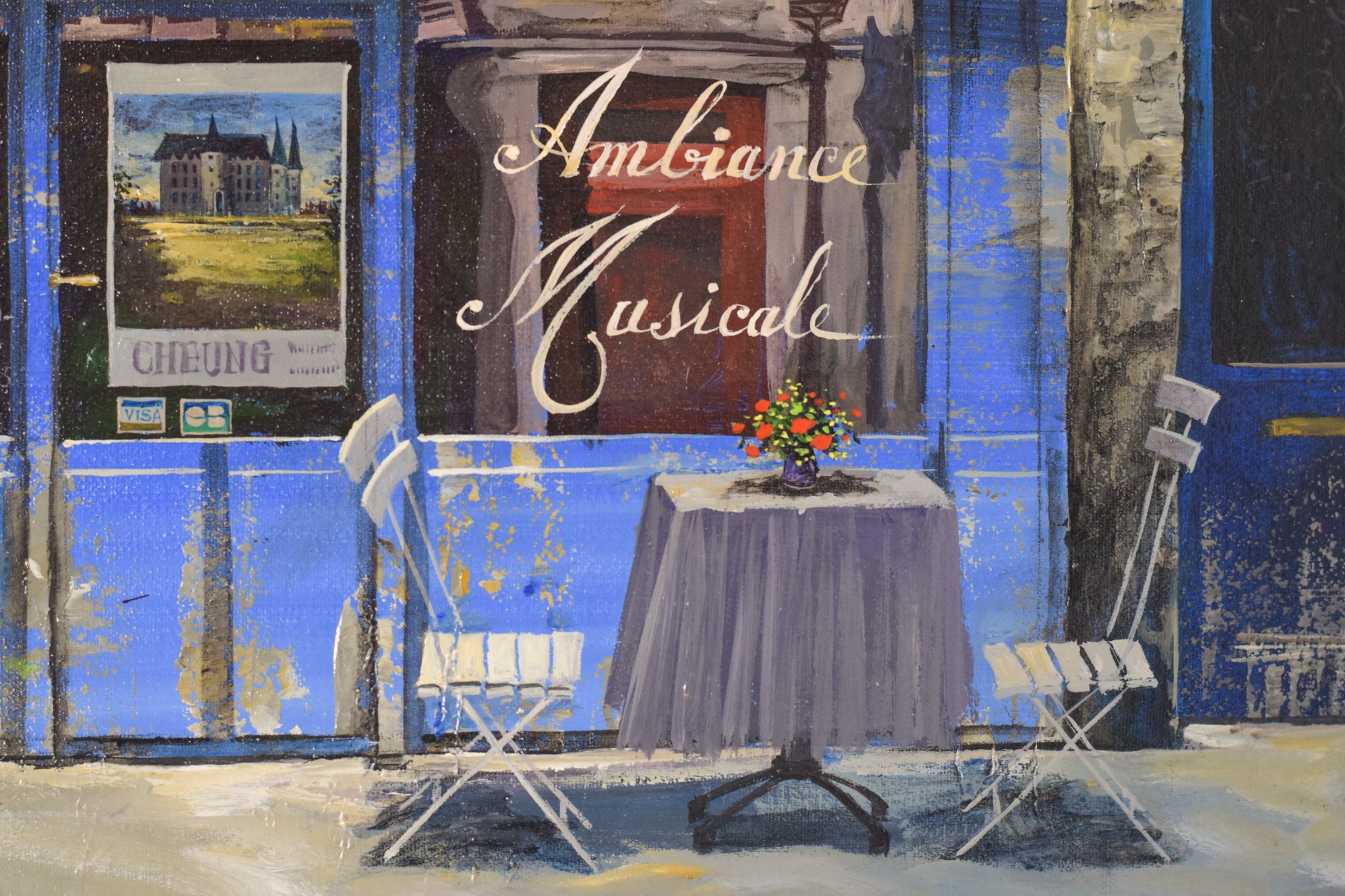 A painting of a restaurant with a table and chairs.