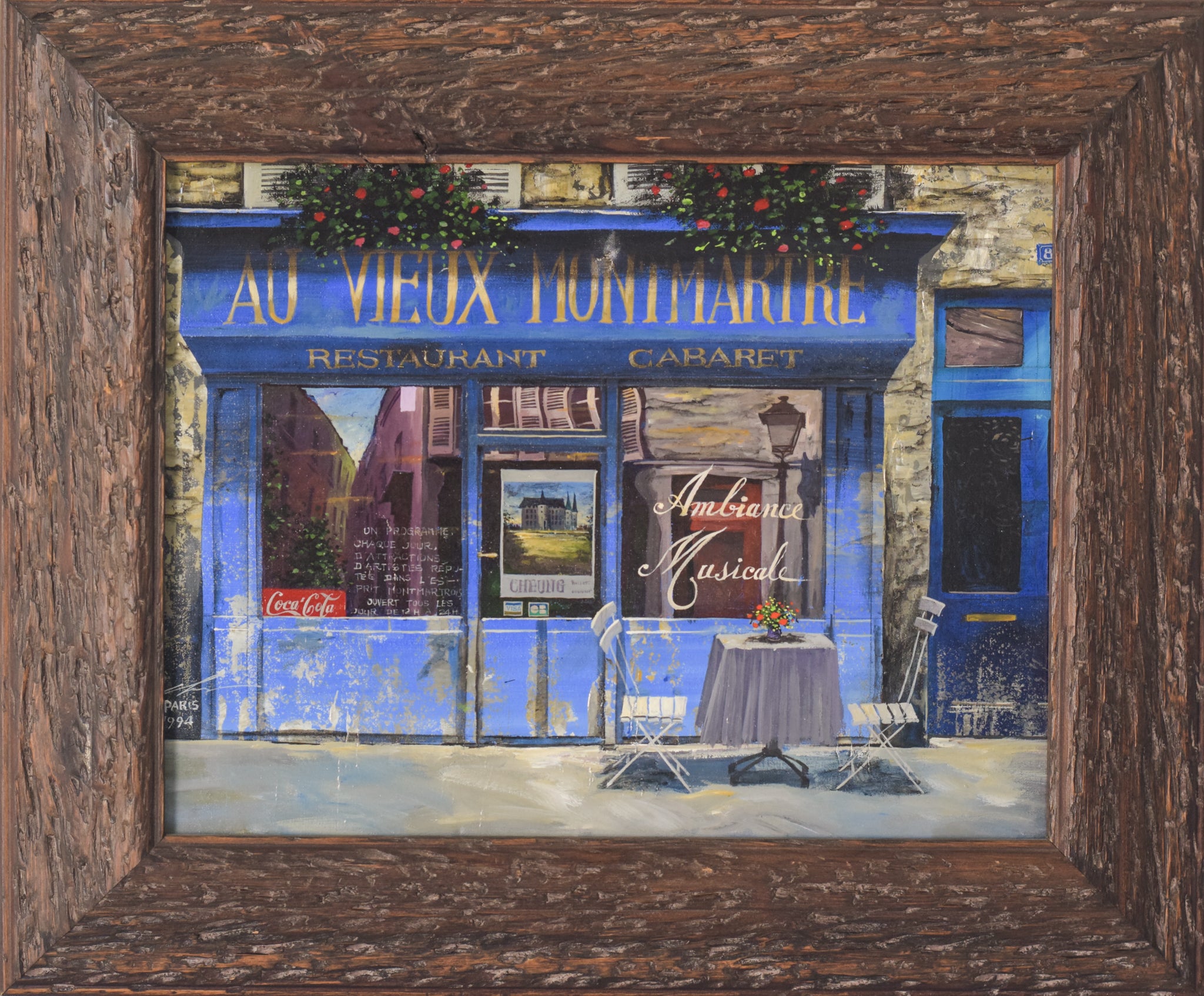A painting of a restaurant with a table and chairs.