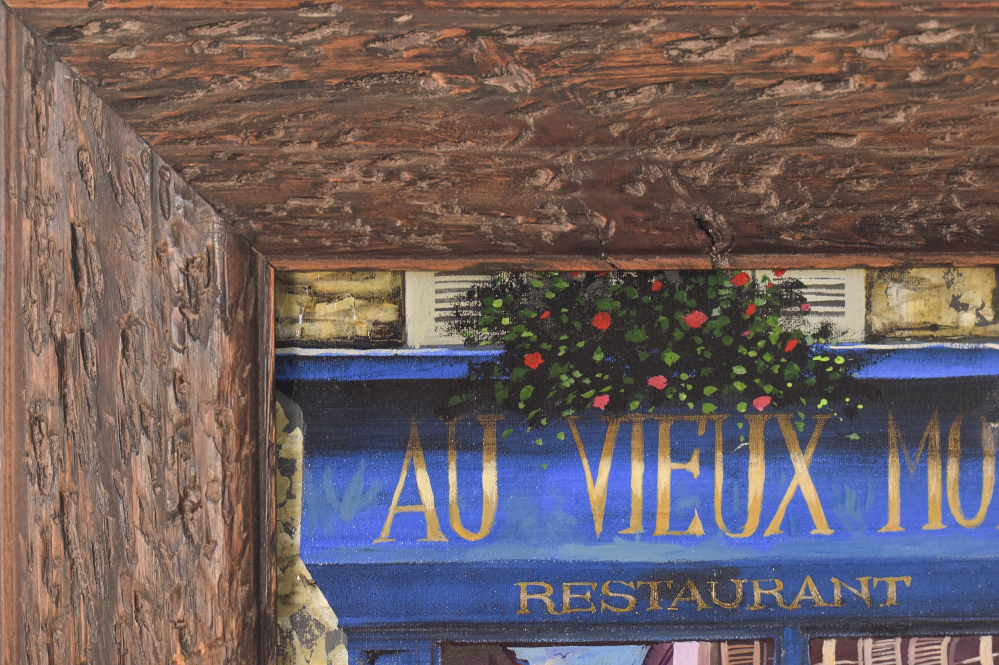 A painting of a restaurant with a table and chairs.