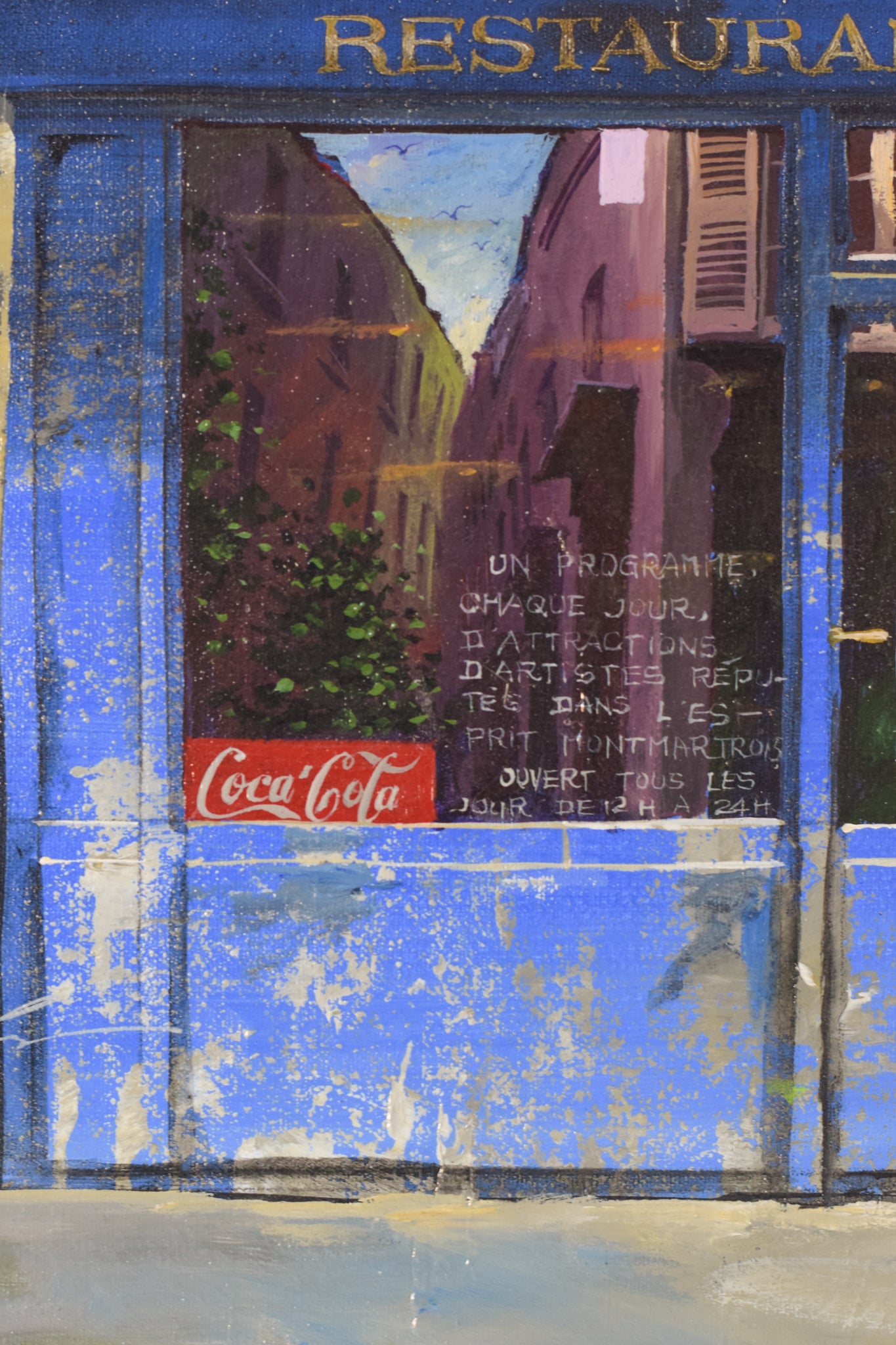 A painting of a restaurant with a table and chairs.