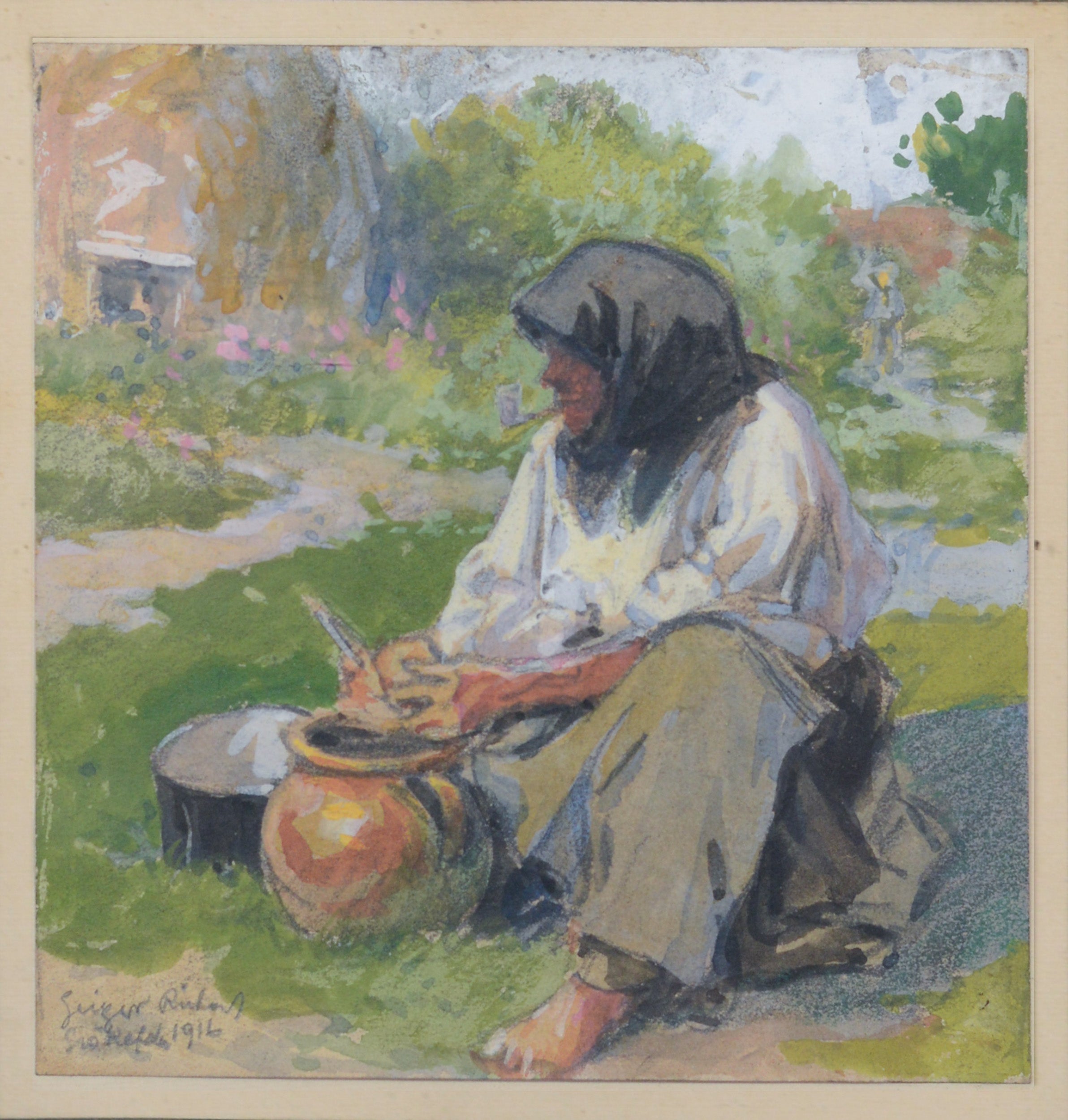A painting of a woman sitting on the ground with a pot.