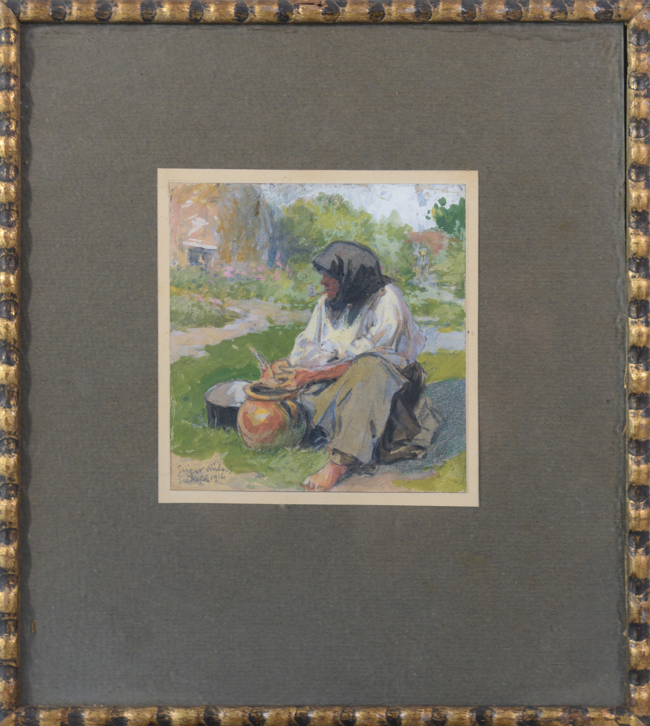 A painting of a woman sitting on the ground with a pot.