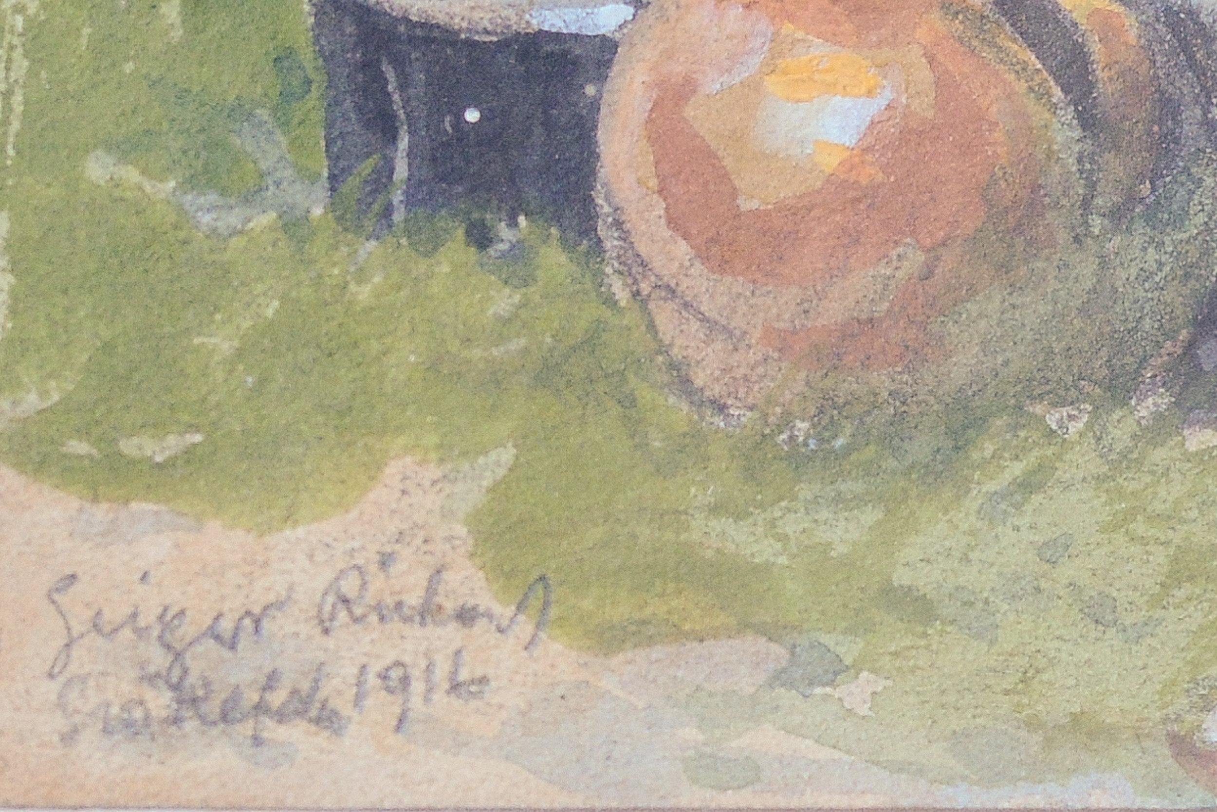 A painting of a woman sitting on the ground with a pot.
