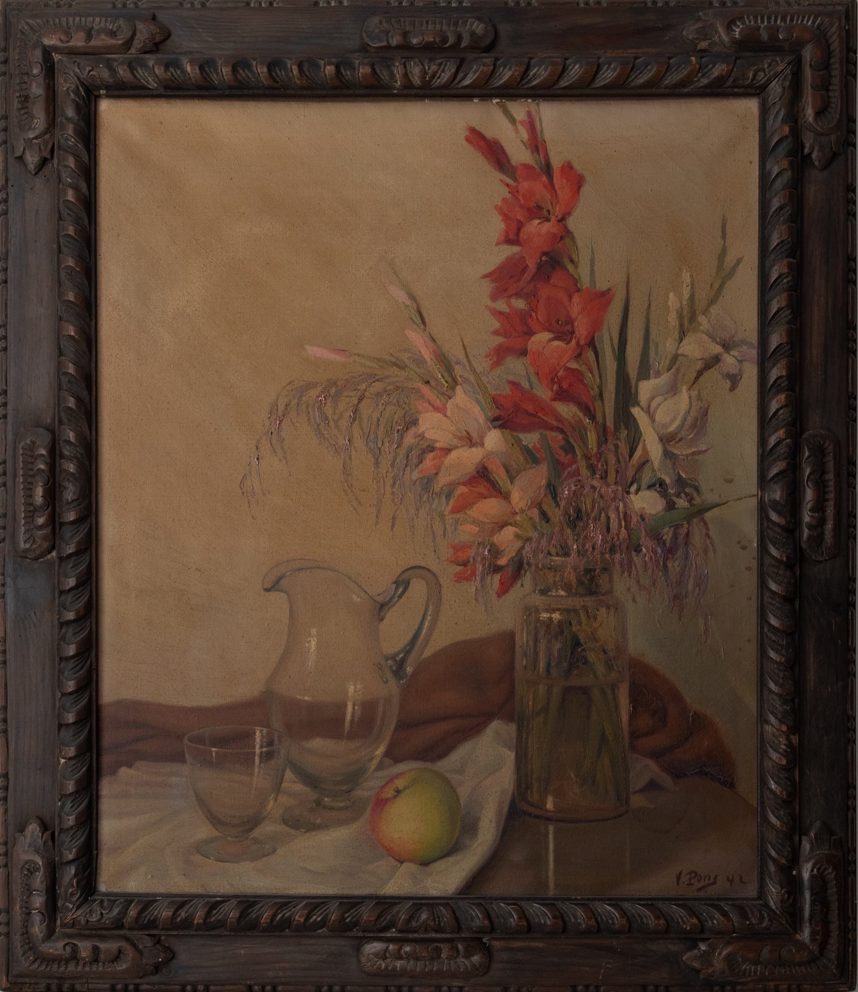 A painting of flowers in a vase and a pitcher on a table.