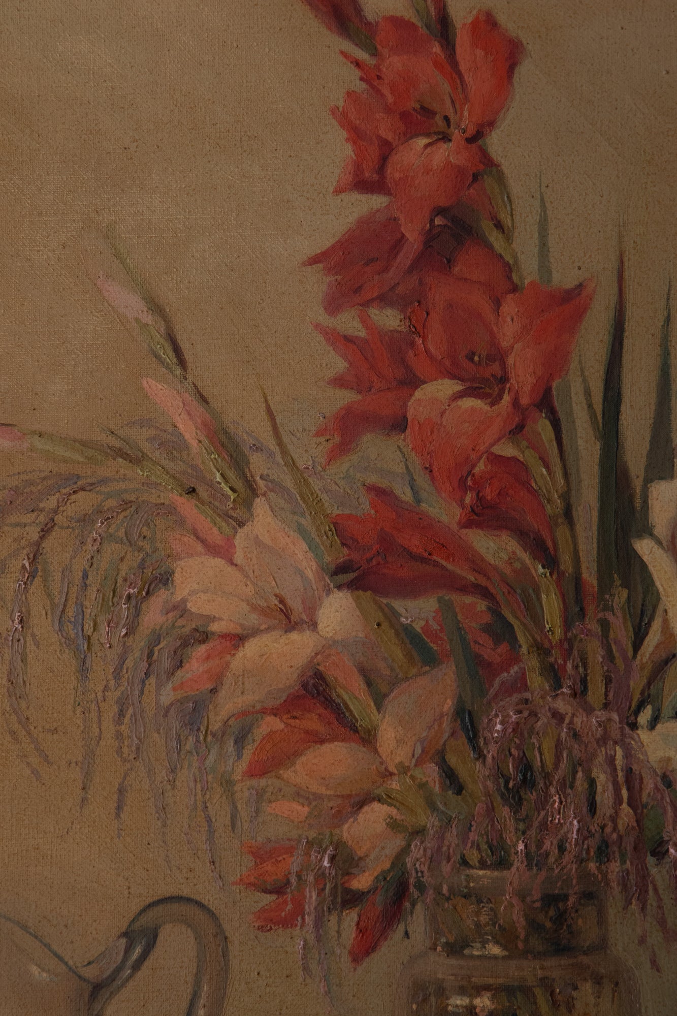 A painting of flowers in a vase and a pitcher on a table.