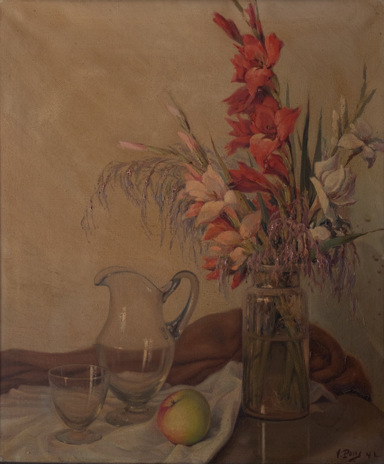 A painting of flowers in a vase and a pitcher on a table.