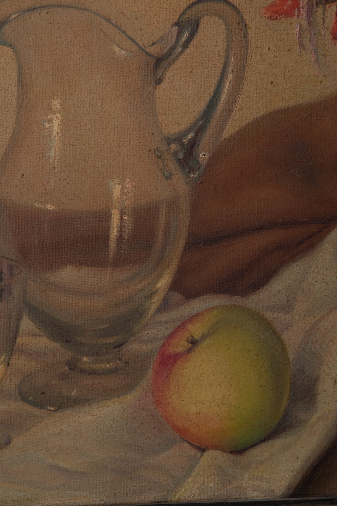 A painting of flowers in a vase and a pitcher on a table.