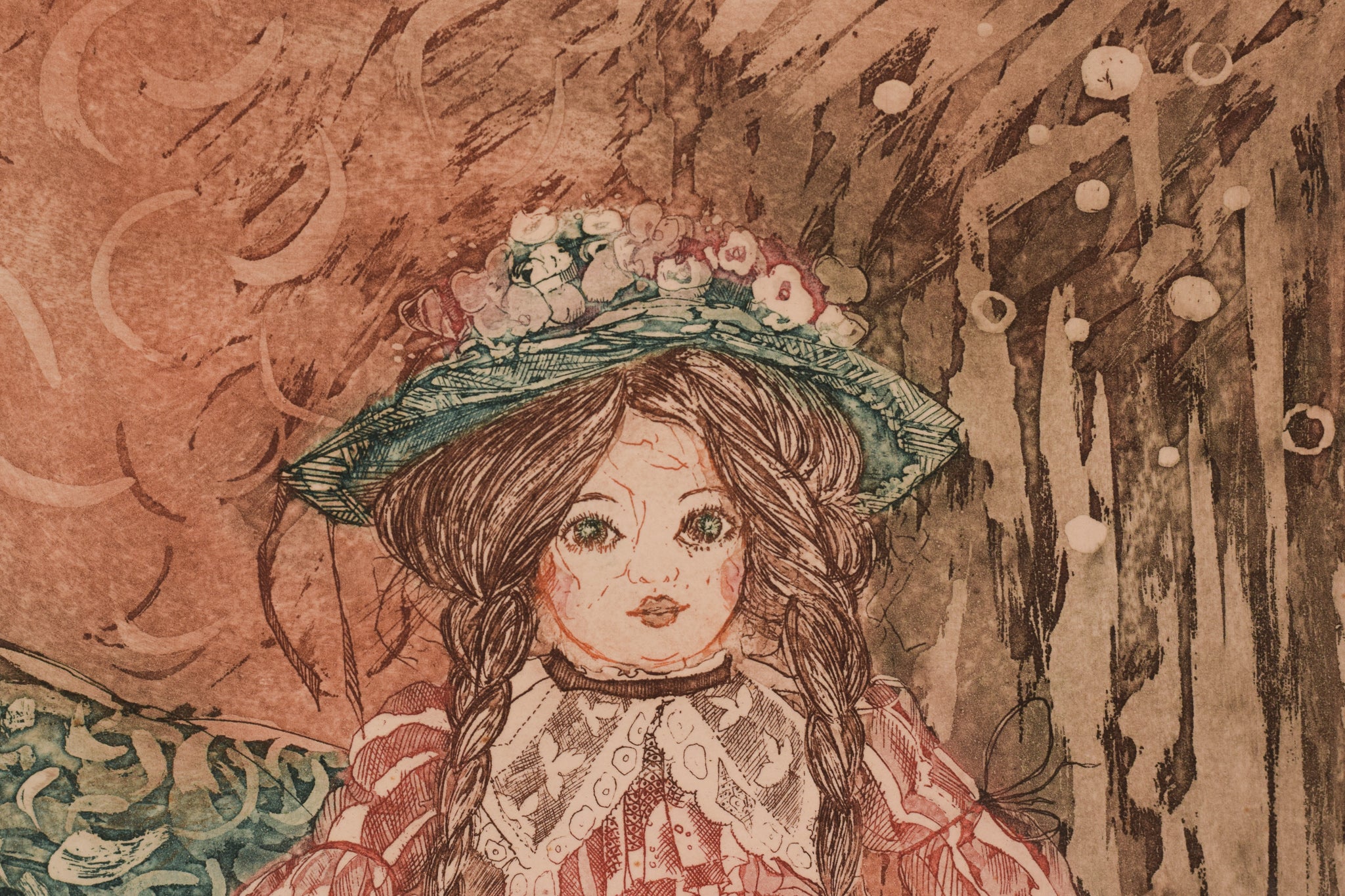A drawing of a little girl in a red dress and hat.