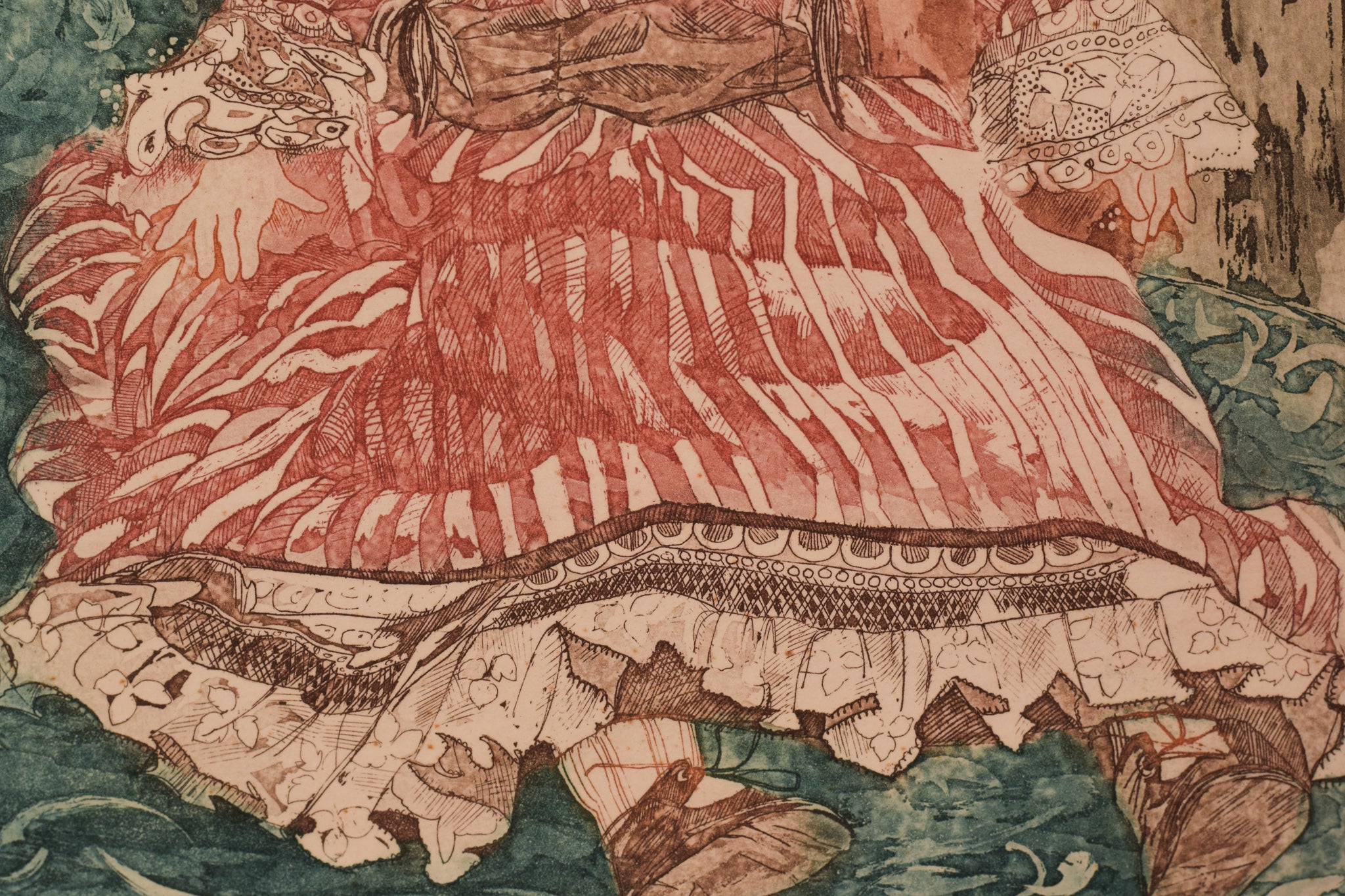 A drawing of a little girl in a red dress and hat.