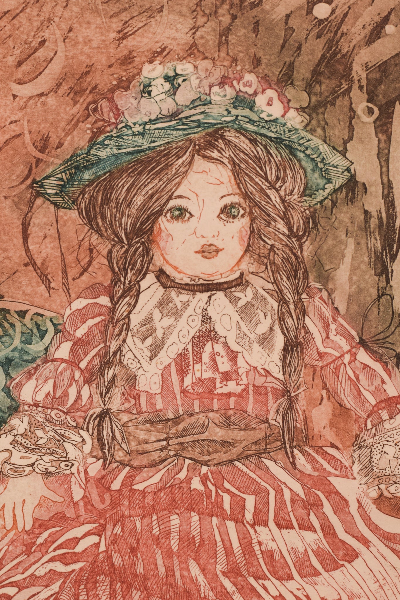 A drawing of a little girl in a red dress and hat.