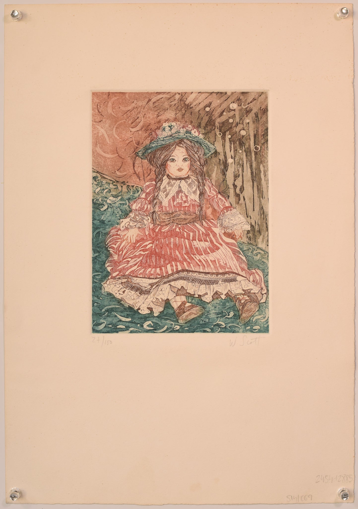 A drawing of a little girl in a red dress and hat.