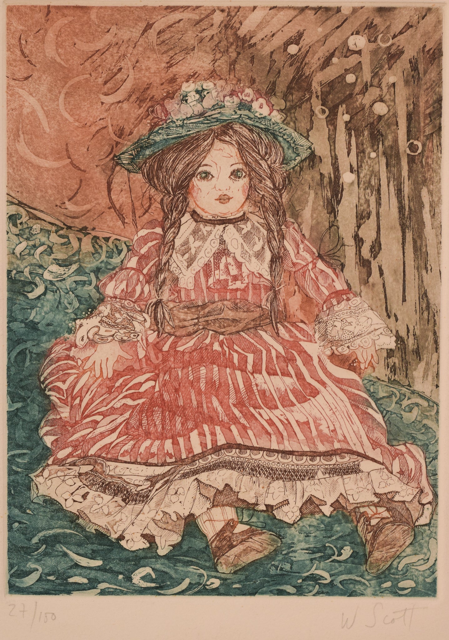 A drawing of a little girl in a red dress and hat.